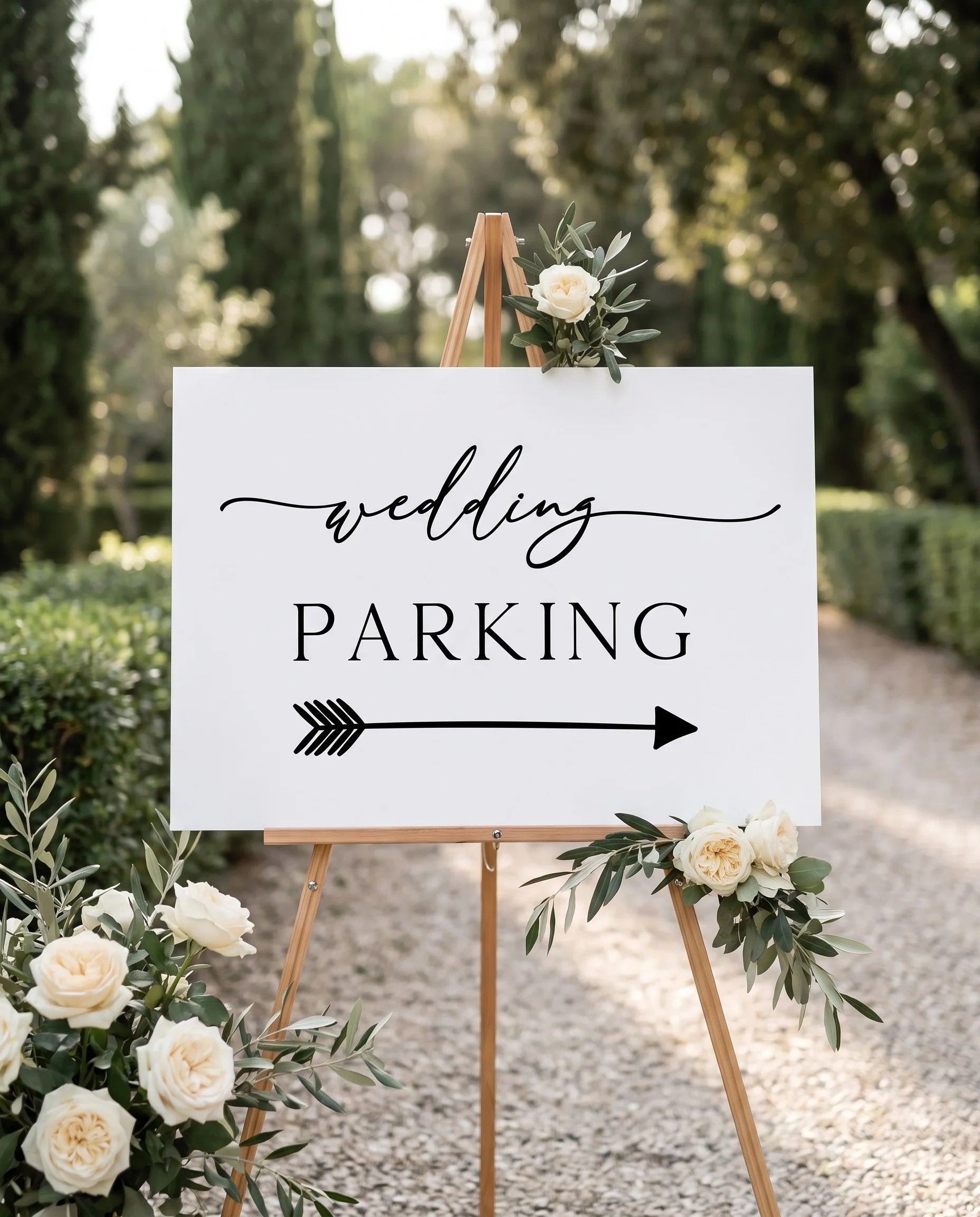 Quiet Line wedding parking sign — displayed at a venue entrance under soft natural light with a slight overhead angle, wedding signs