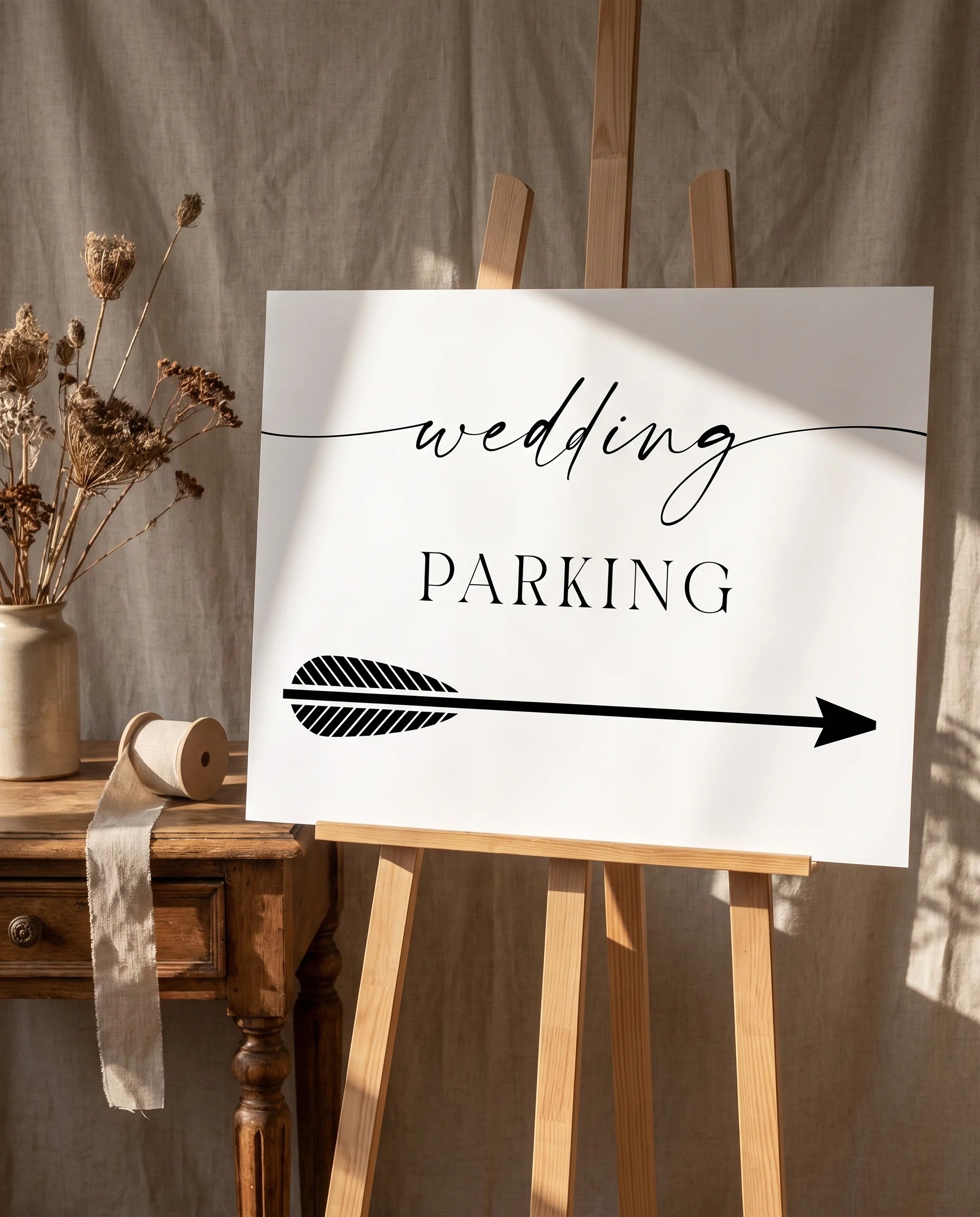 Charline wedding parking sign — single page shown beside furniture for scale under soft natural overhead light, wedding signage.