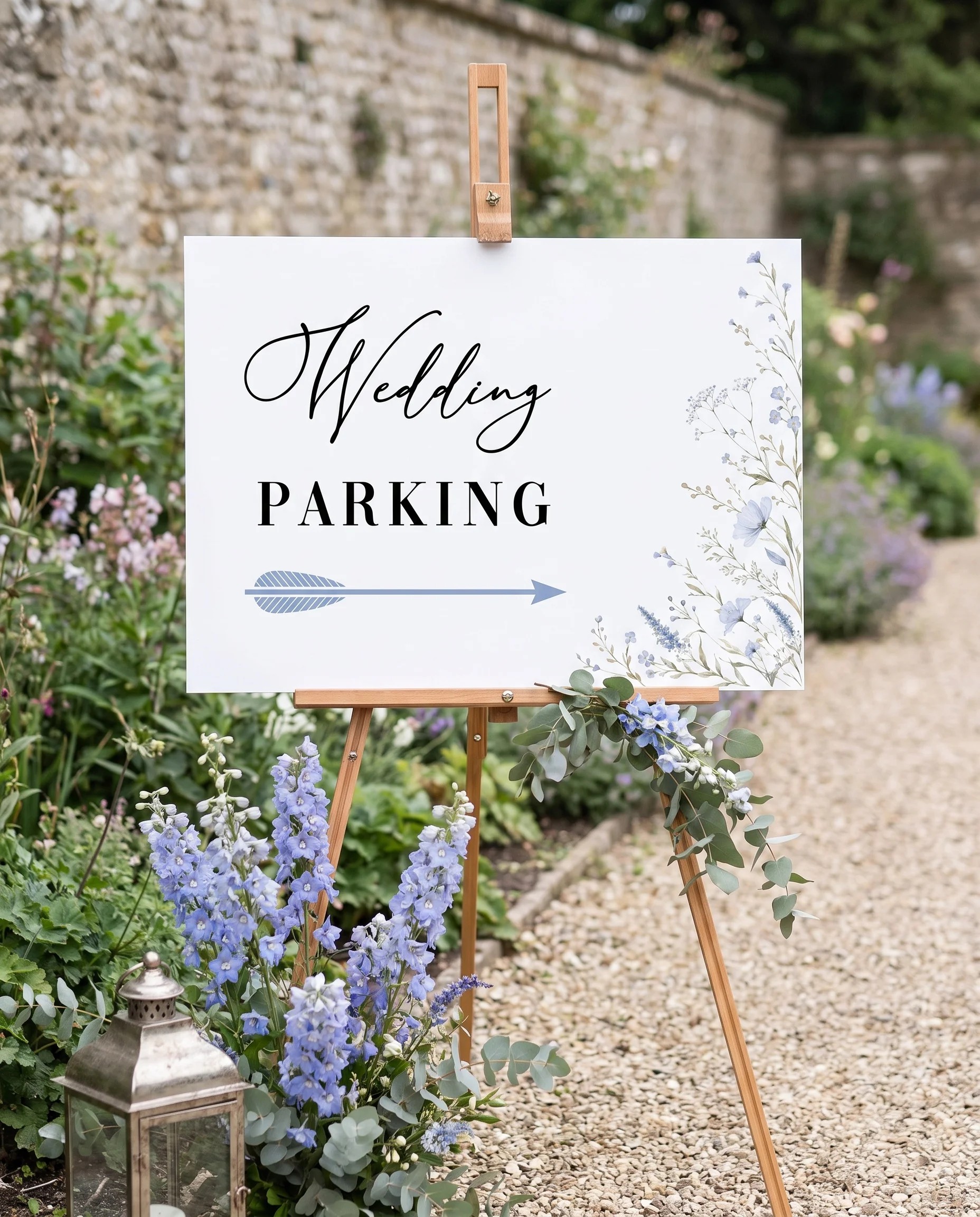 Azure Sprig wedding parking sign — displayed at a venue entrance under soft natural light with a slight overhead angle, wedding signs