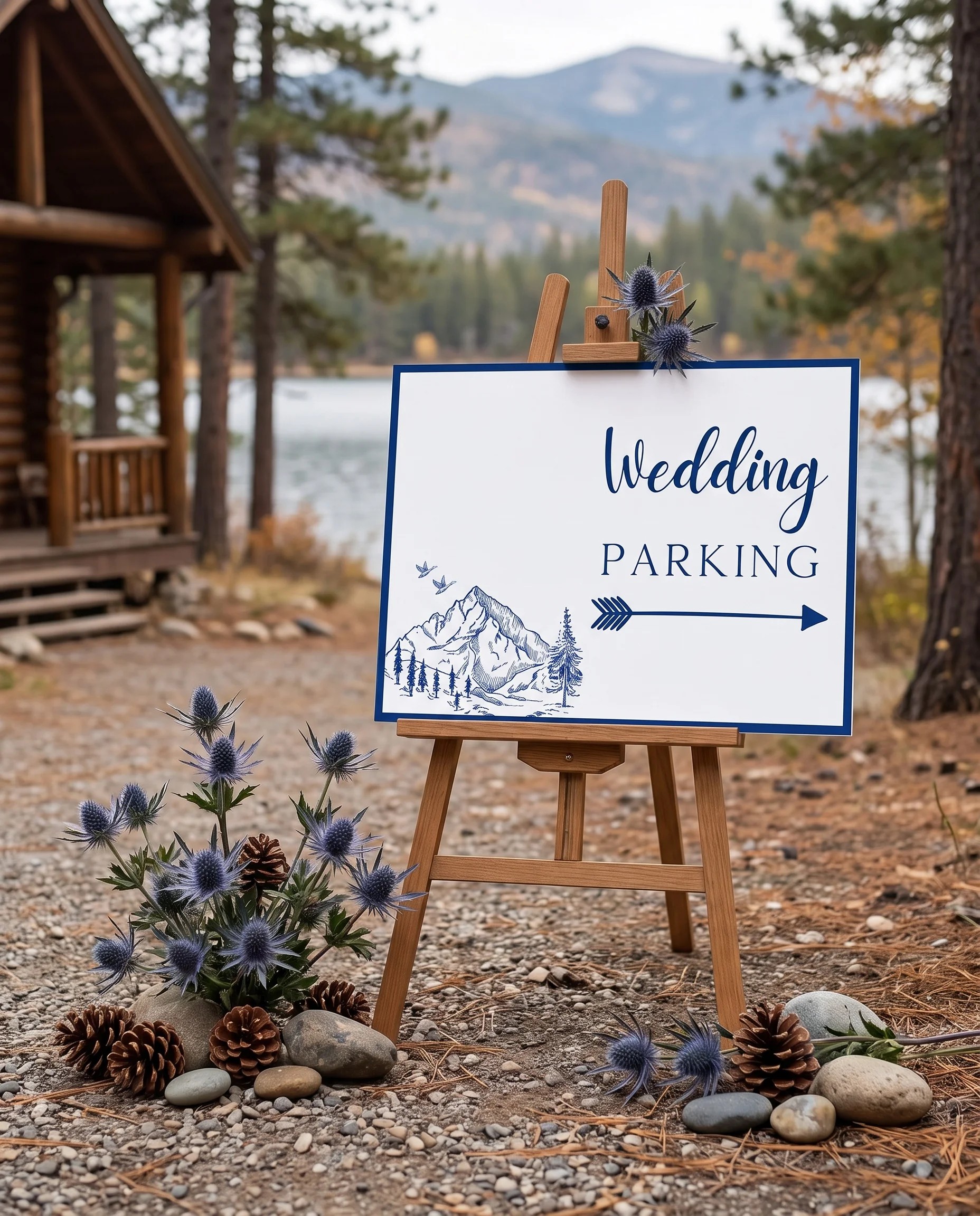 Blue Range wedding parking sign — displayed at a venue entrance under soft natural light with a slight overhead angle, wedding signs