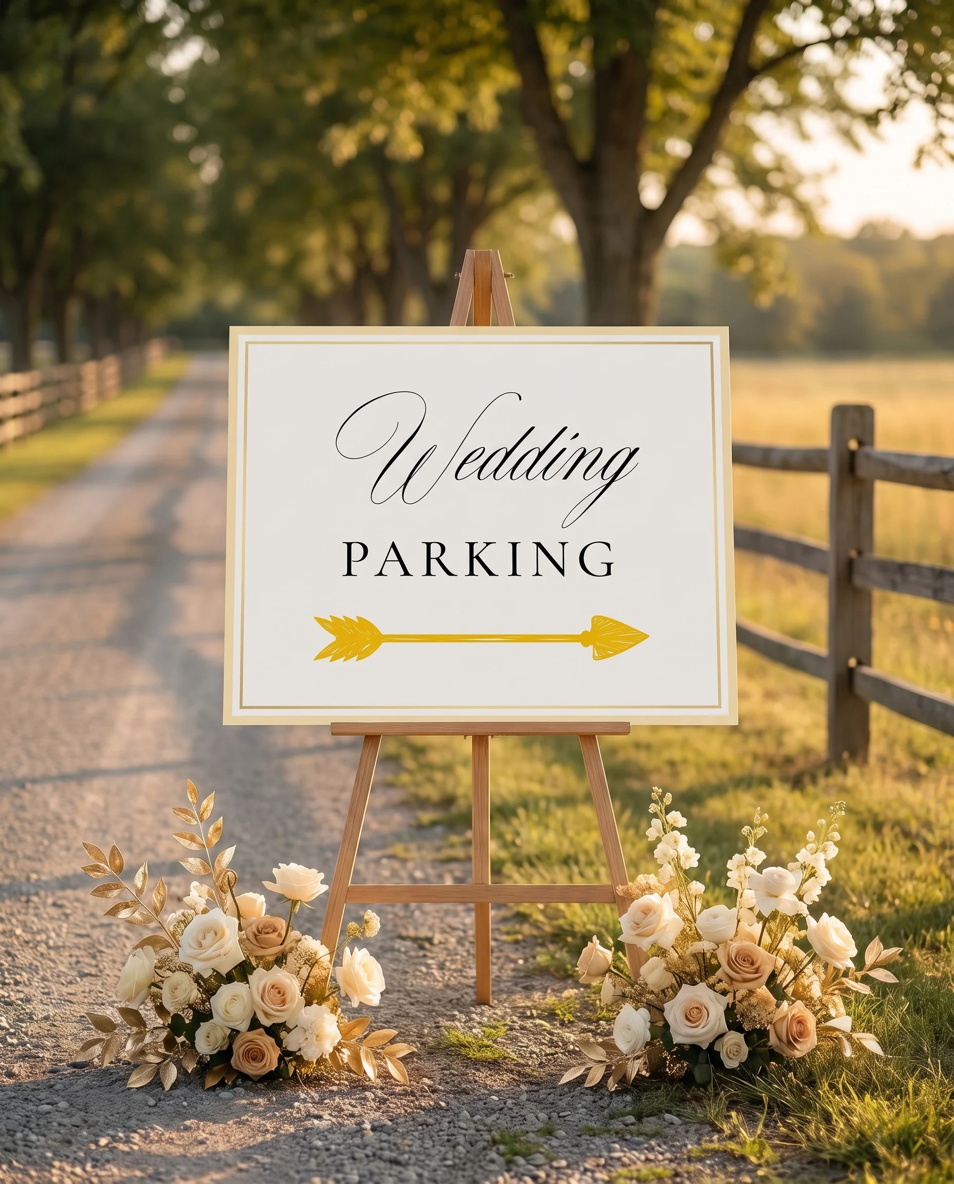 Gilded Bough wedding parking sign — displayed at a venue entrance under soft natural light, premium editorial wedding signs.