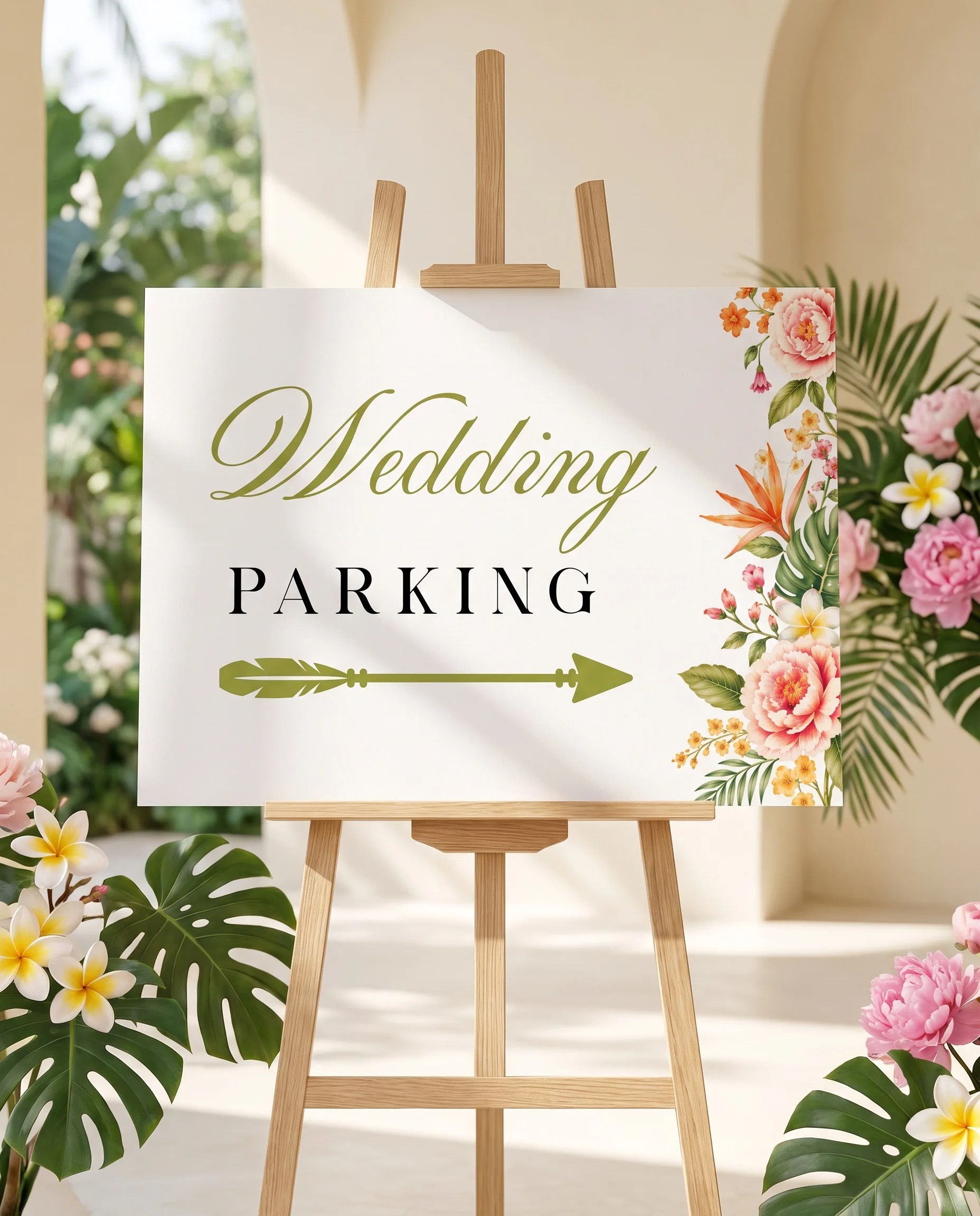 Plumeria Peony wedding parking sign — displayed on an easel under soft natural light, premium editorial wedding parking signs.