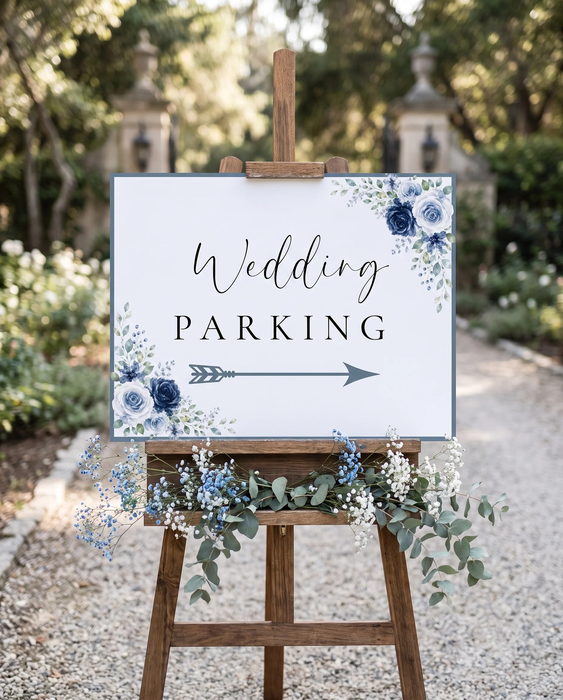 Bluebloom wedding parking sign — displayed at a venue entrance under soft natural light, shot at a slight overhead angle, wedding signs.