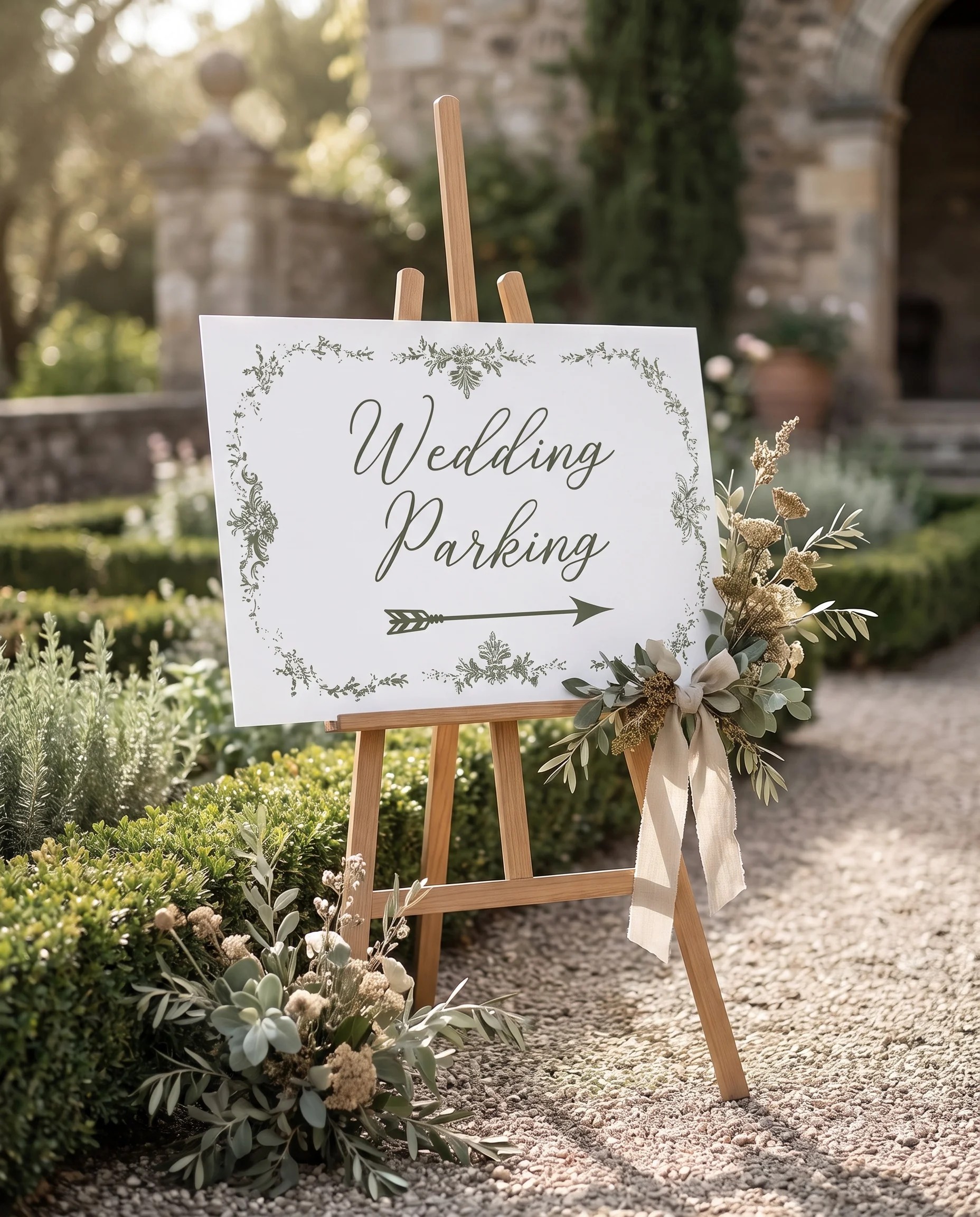 Sage Crest wedding parking sign — shown at a venue entrance under soft natural light with a slight overhead angle, wedding signs.