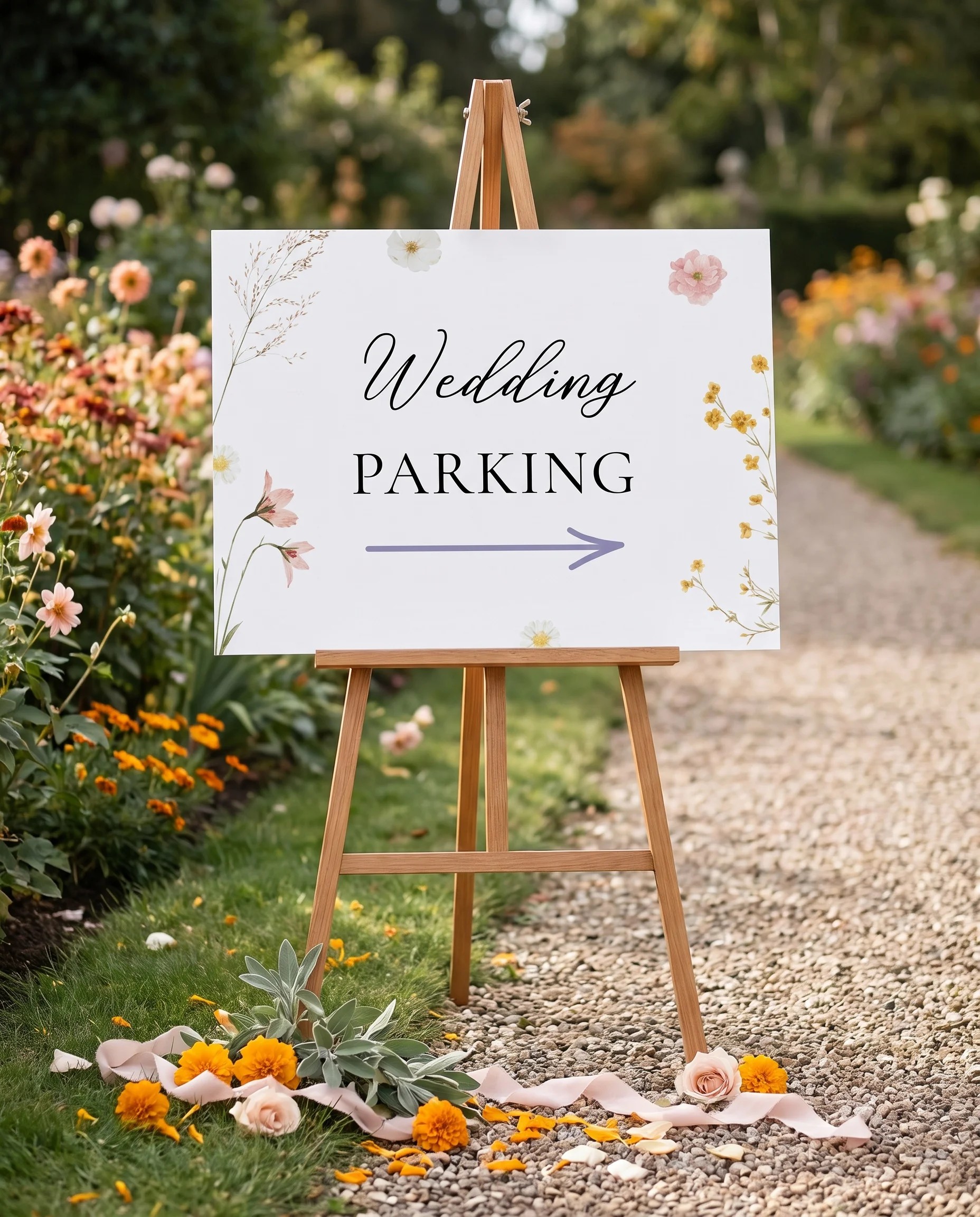 Marigold Petal wedding parking sign — displayed at a venue entrance under soft natural light with a slight overhead angle, wedding signs.