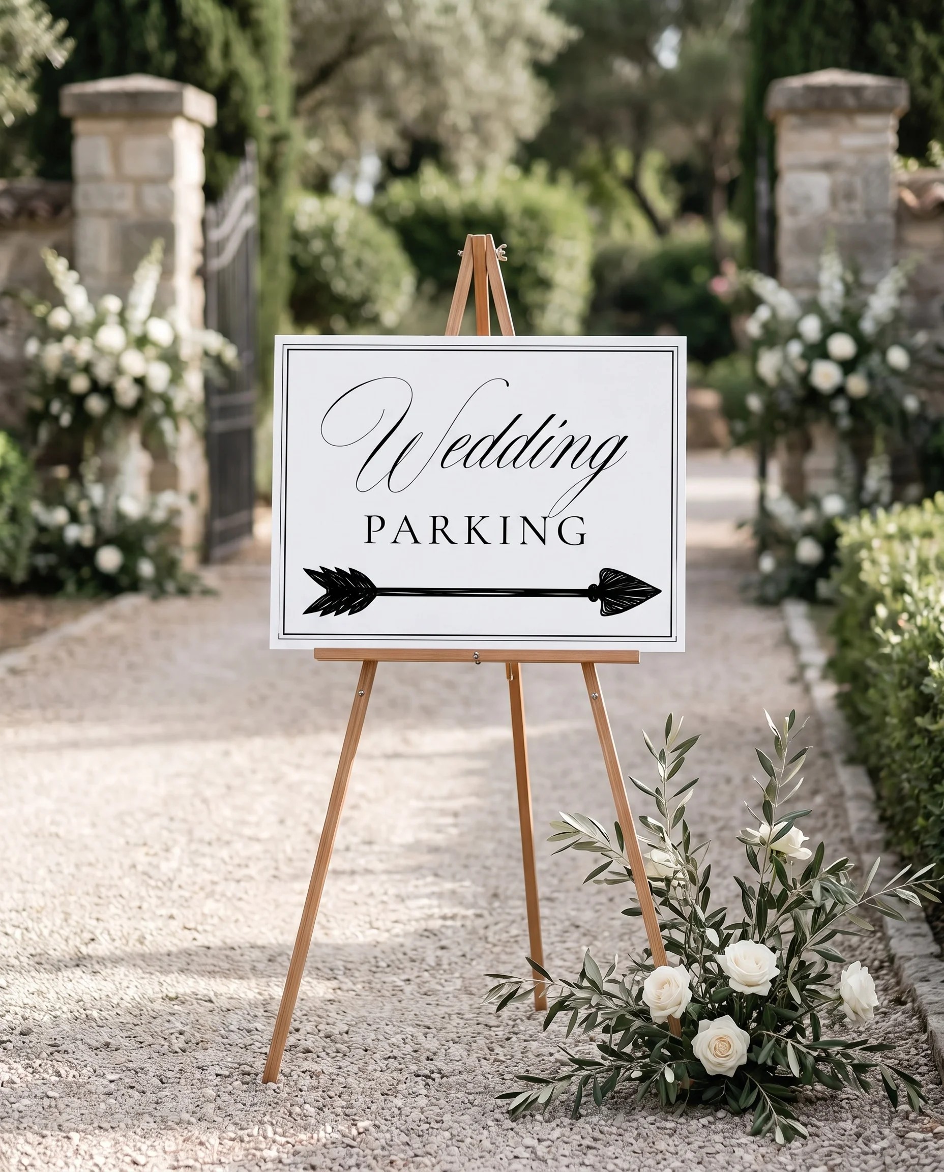 Heirloom wedding parking sign — displayed at a venue entrance under soft natural light, premium editorial wedding signs.