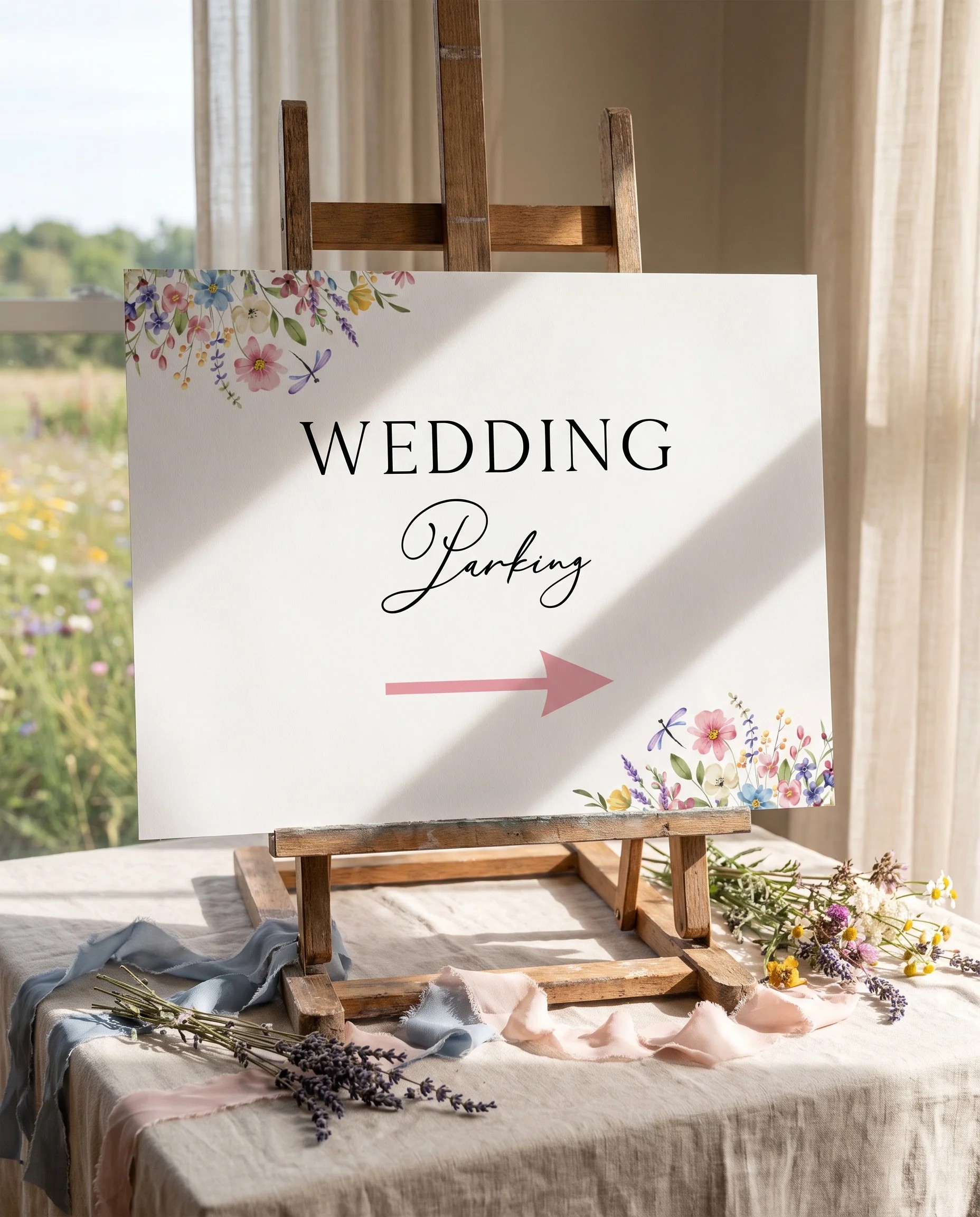 Meadowlark wedding parking sign — displayed on an easel under soft natural light at a slight overhead angle, wedding parking signs