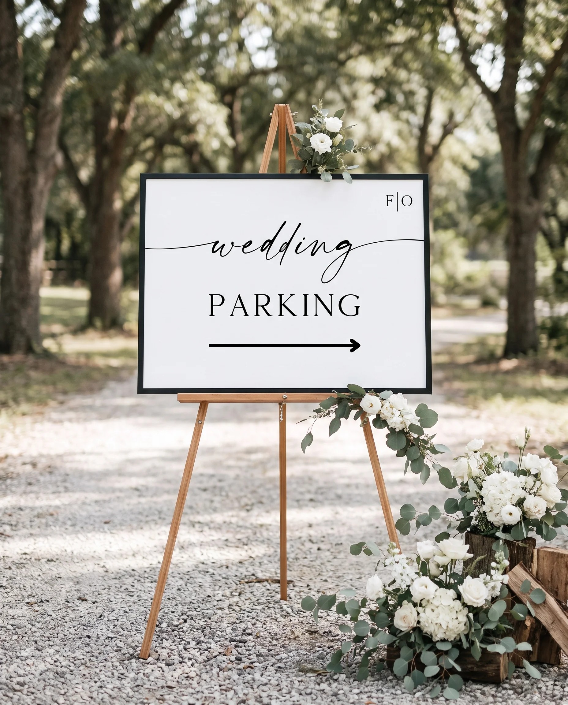 Lumen Frame wedding parking sign — displayed at a venue entrance in soft natural light with a slight overhead angle, wedding signs.