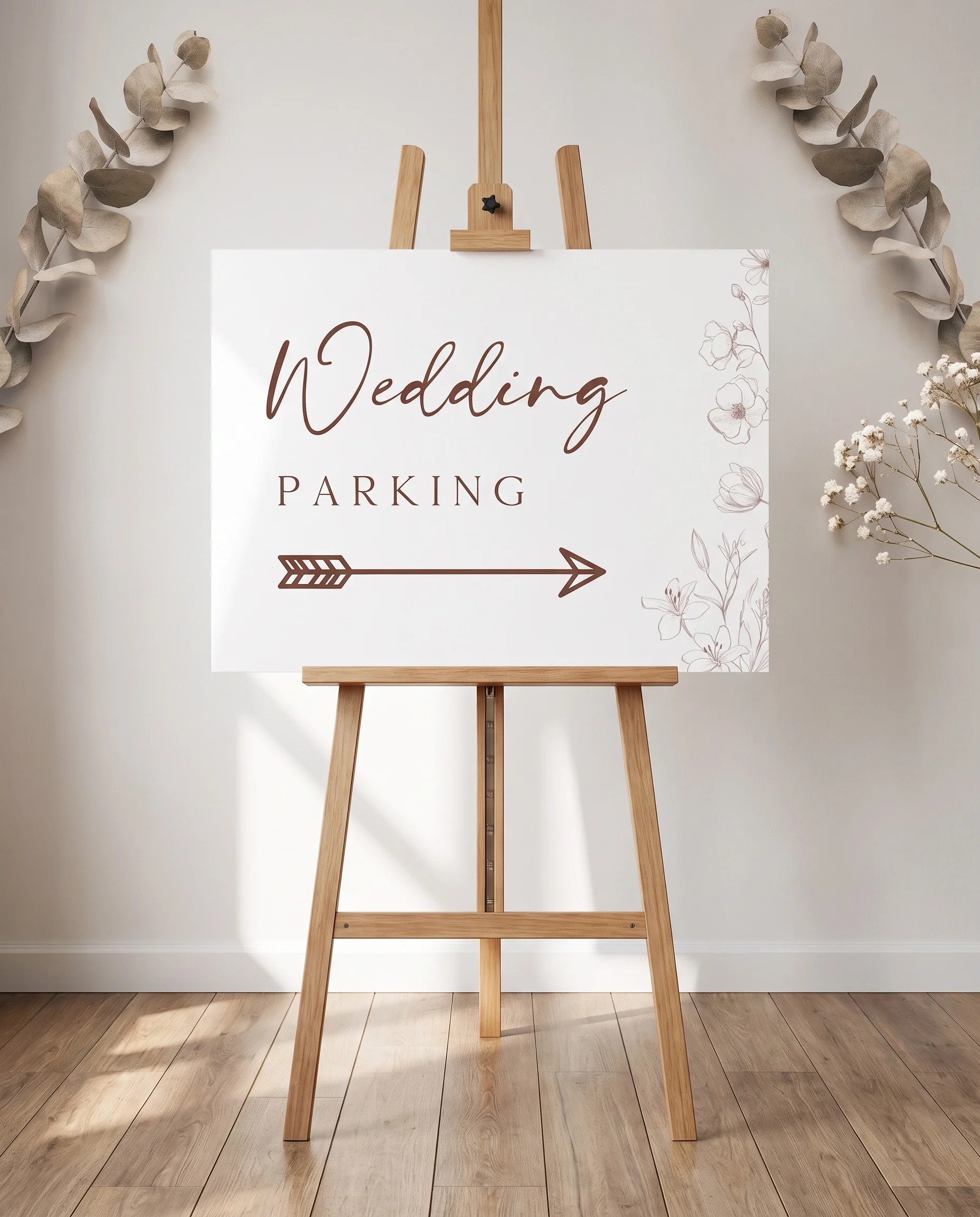 Arrow Bloom wedding parking sign — displayed on an easel under soft natural light at a slight overhead angle, wedding parking signs.