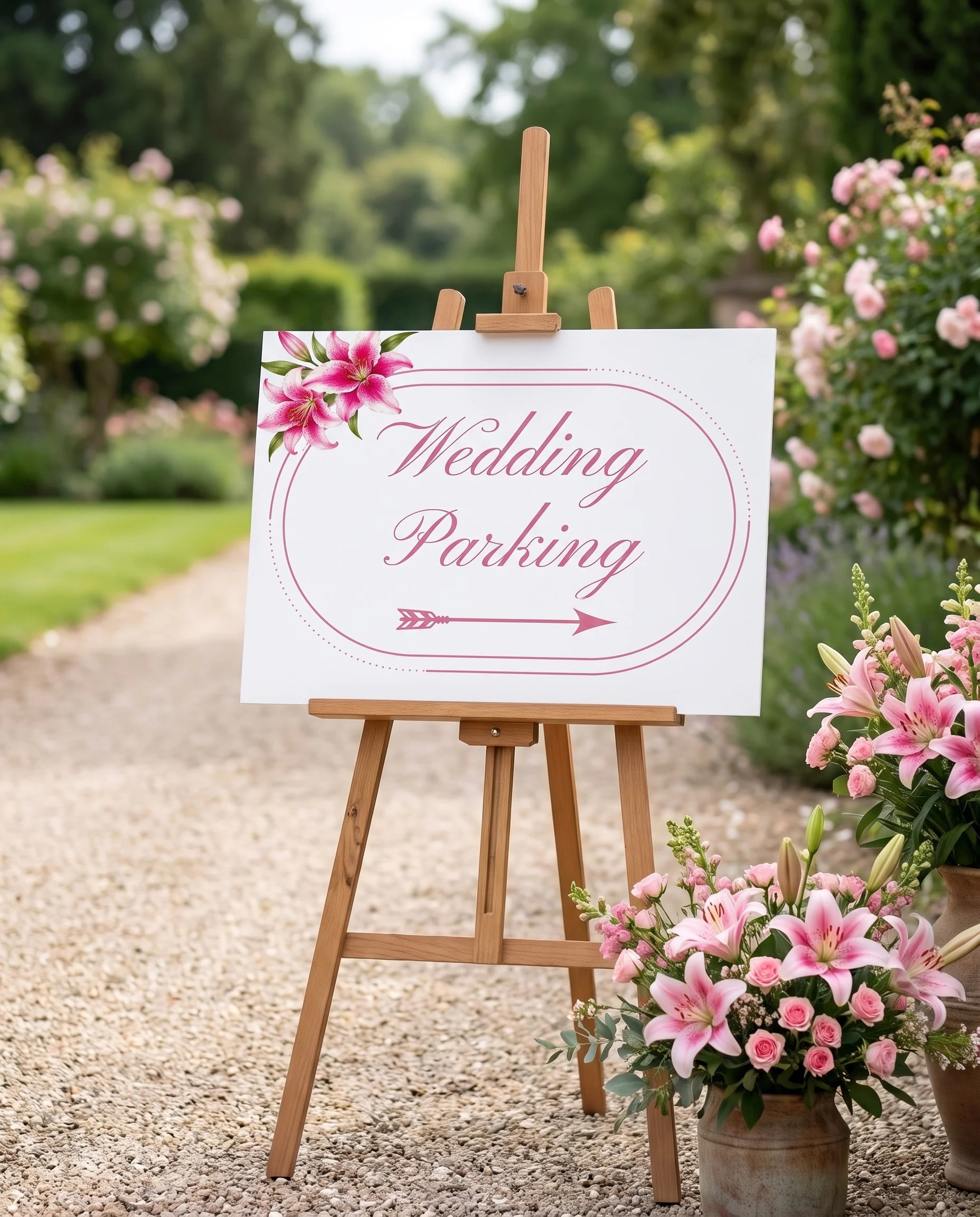 Lily Bloom wedding parking sign — displayed at a venue entrance under soft natural light with a slight overhead angle, wedding signs