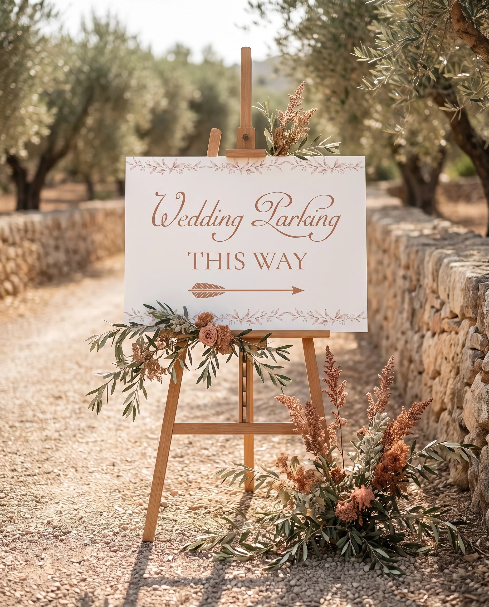 Sepia Sprig wedding parking sign — single page shown at a venue entrance under soft natural light, premium wedding signs.
