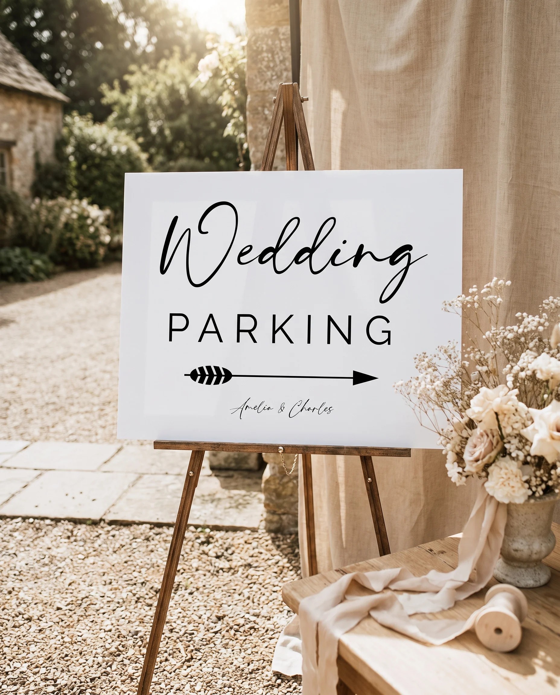 Cathedral wedding parking sign — displayed at a venue entrance under soft natural light with a slight overhead angle, wedding signs