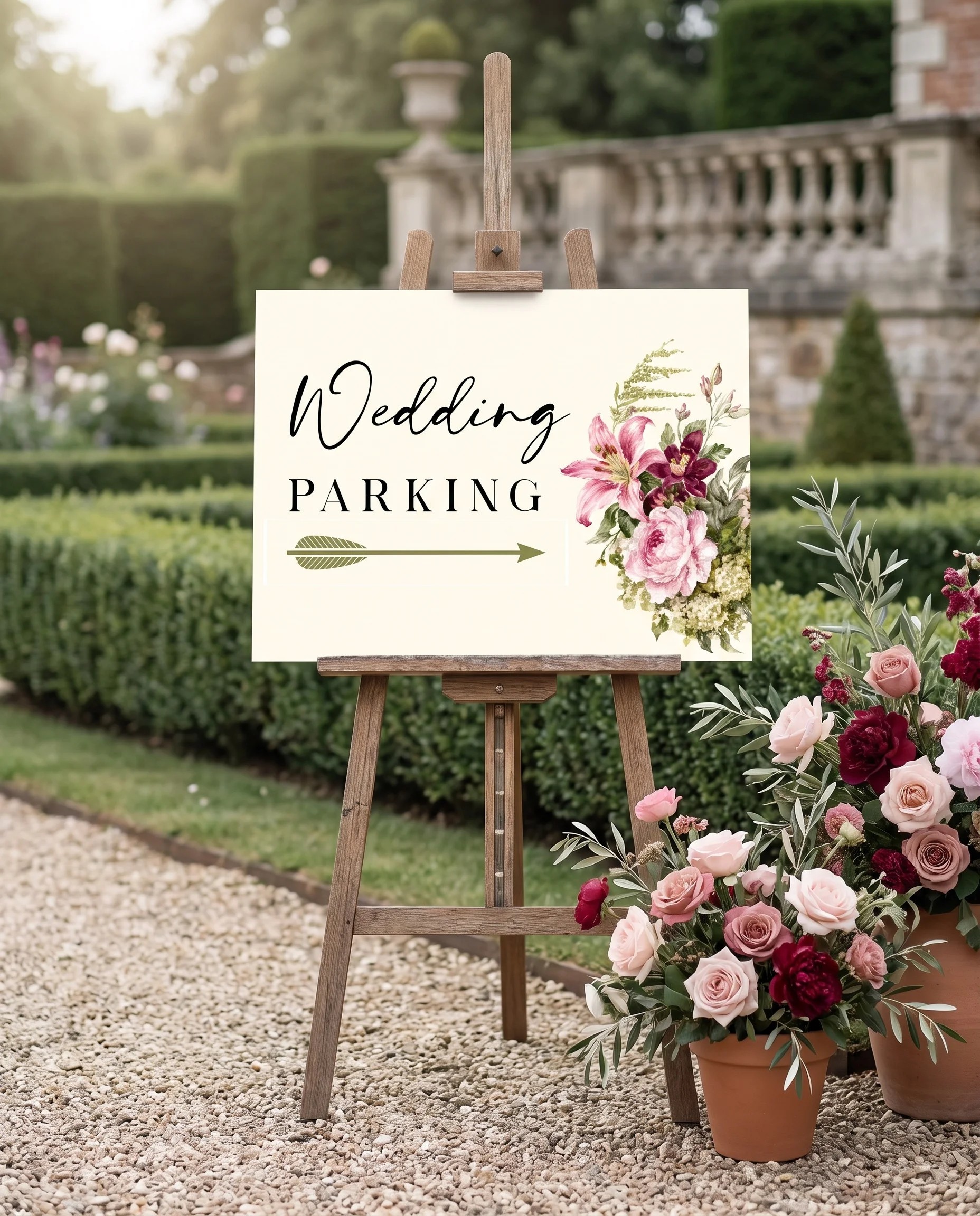 Rosevale wedding parking sign — displayed at a venue entrance under soft natural light with a slight overhead angle, wedding signs.