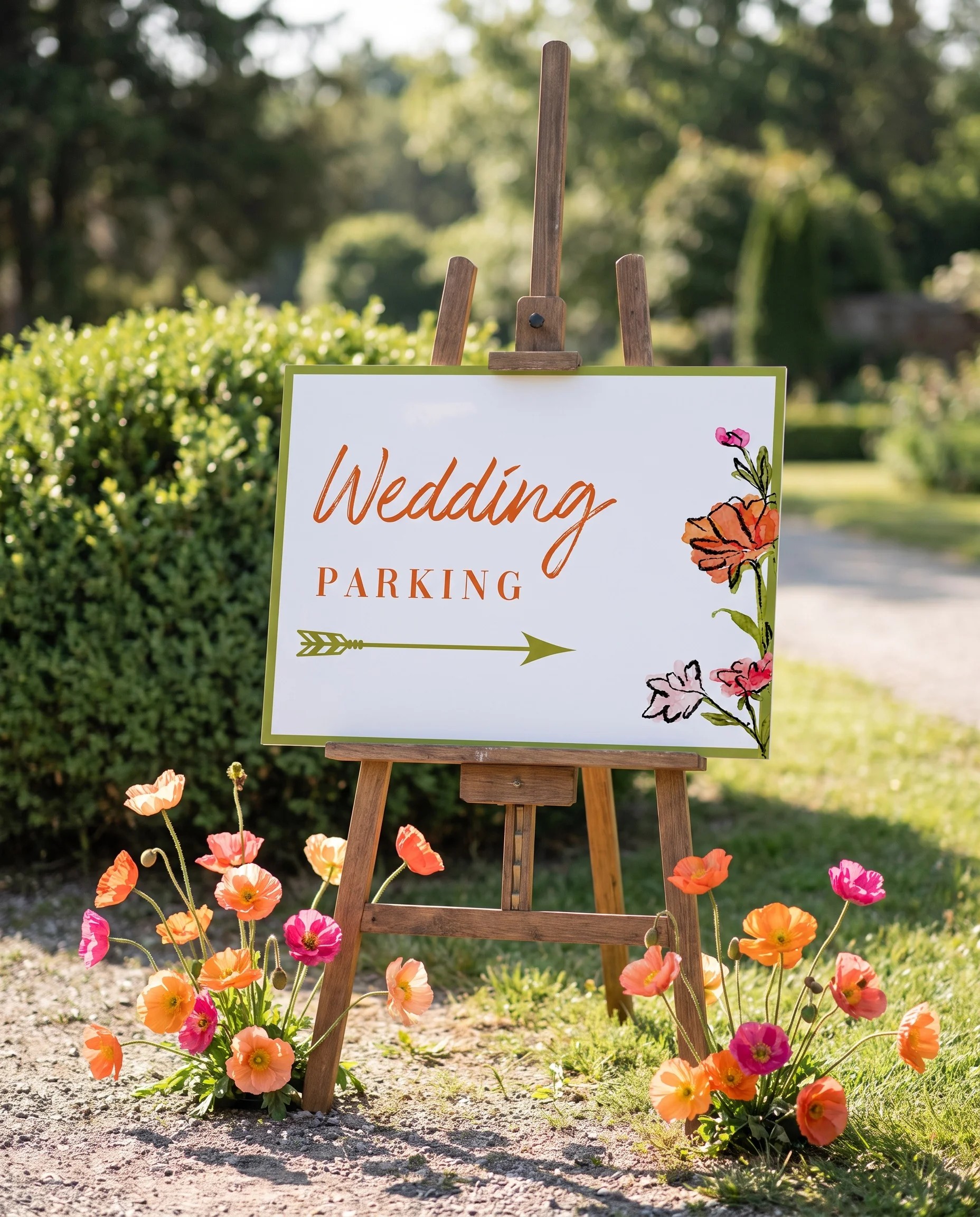 Poppy Court wedding parking sign — displayed at a venue entrance under soft natural light with a slight overhead angle, wedding signs.