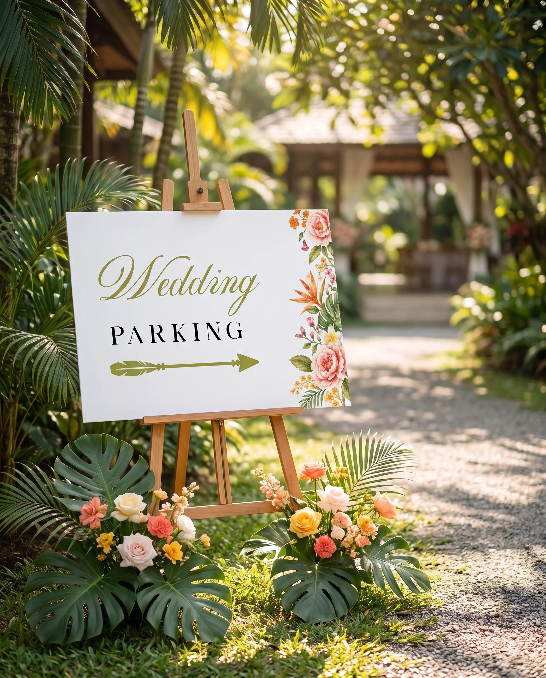 Plumeria Peony wedding parking sign — single page shown at a venue entrance under soft natural light, wedding signs.