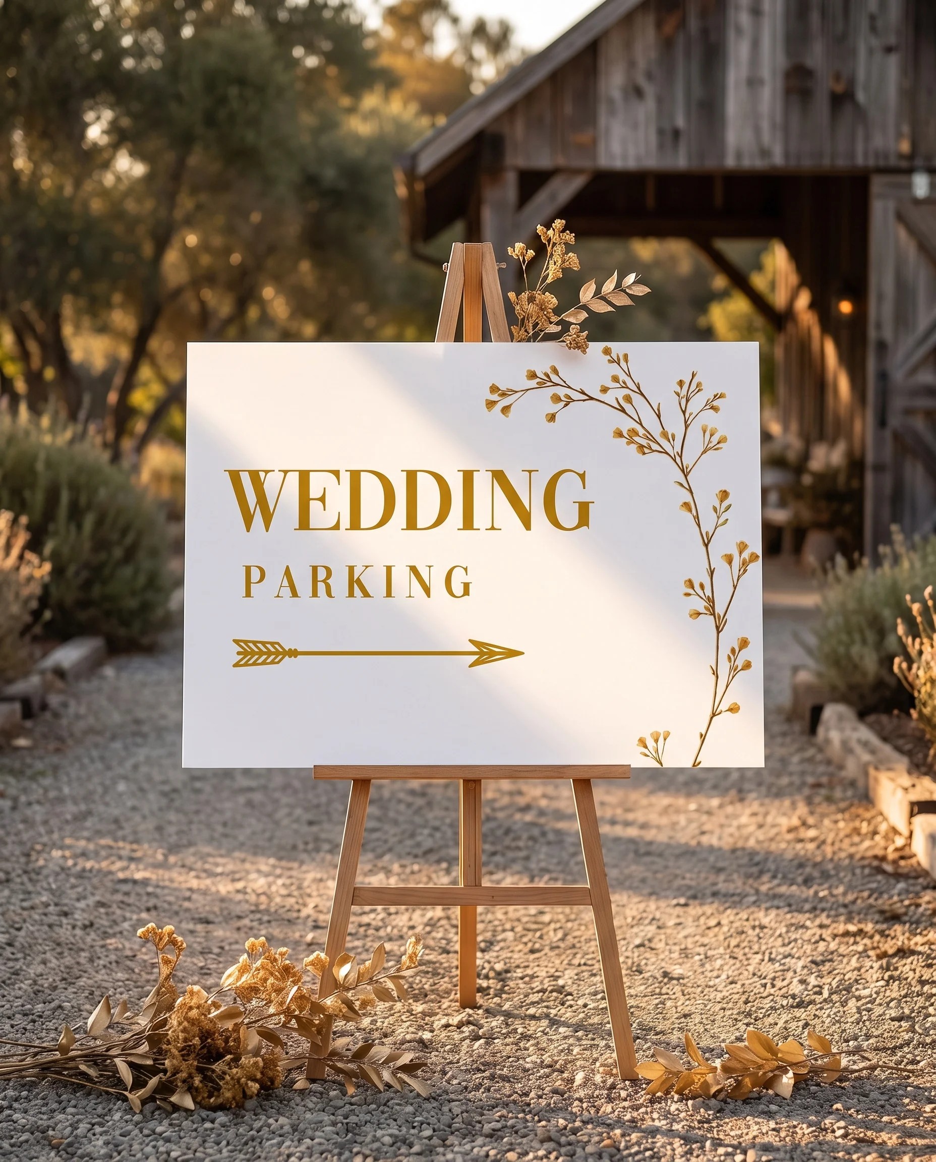 Golden Vine wedding parking sign — displayed at a venue entrance under soft natural light, premium editorial wedding signs.