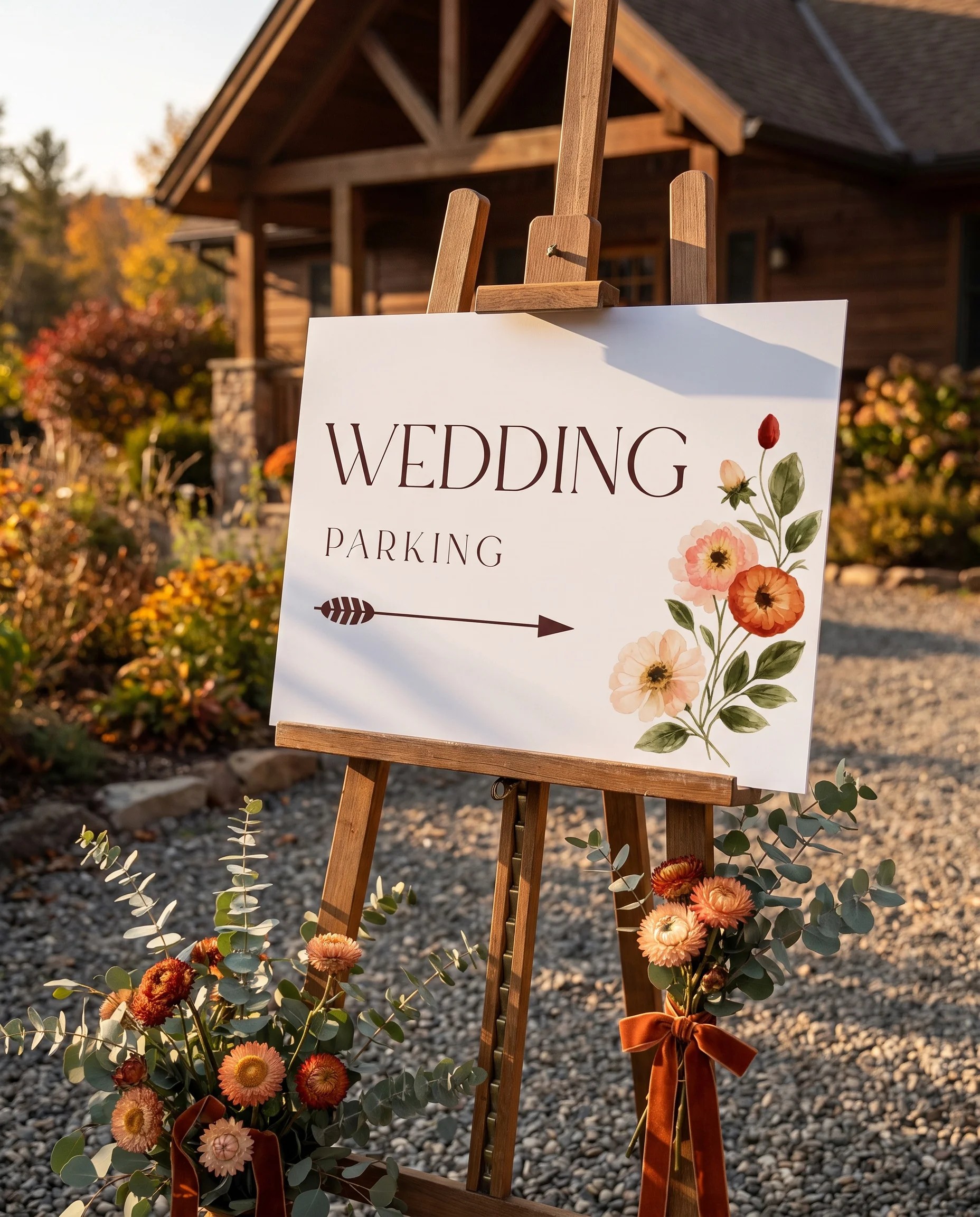 Eucalyptus Bloom wedding parking sign — displayed at a venue entrance under soft natural light, wedding signs