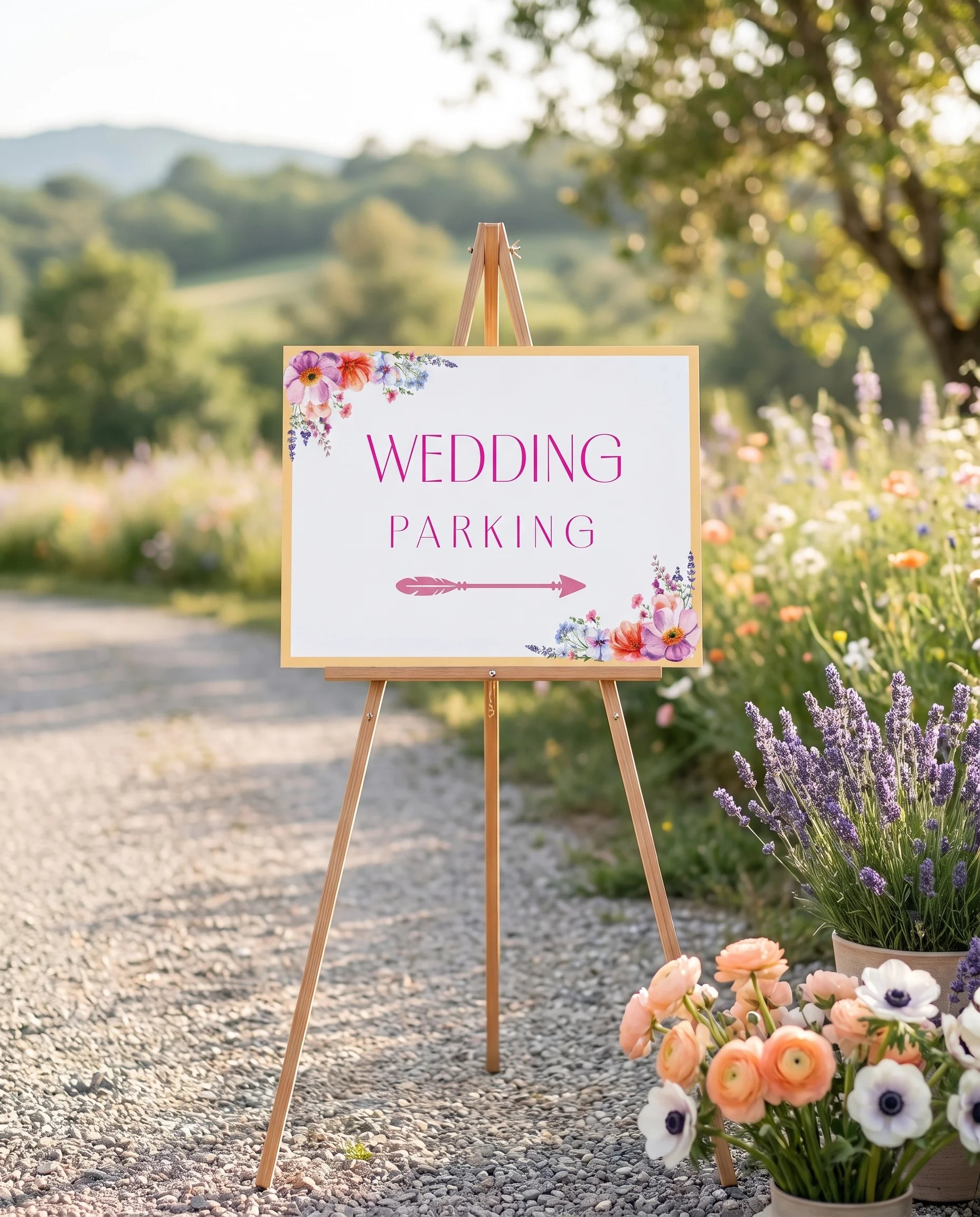Wildmeadow wedding parking sign — displayed at a venue entrance under soft natural light with a slight overhead angle, wedding signs.