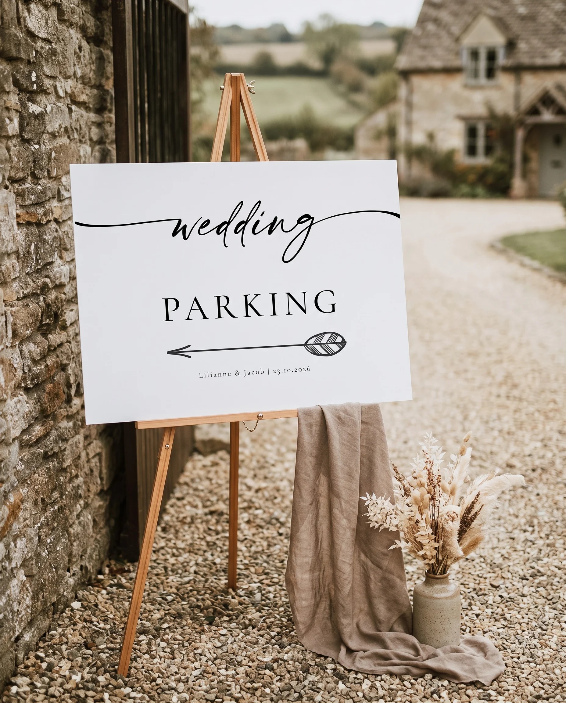 Tonal Reply wedding parking sign — displayed at a venue entrance under soft natural light with a slight overhead angle, wedding signs