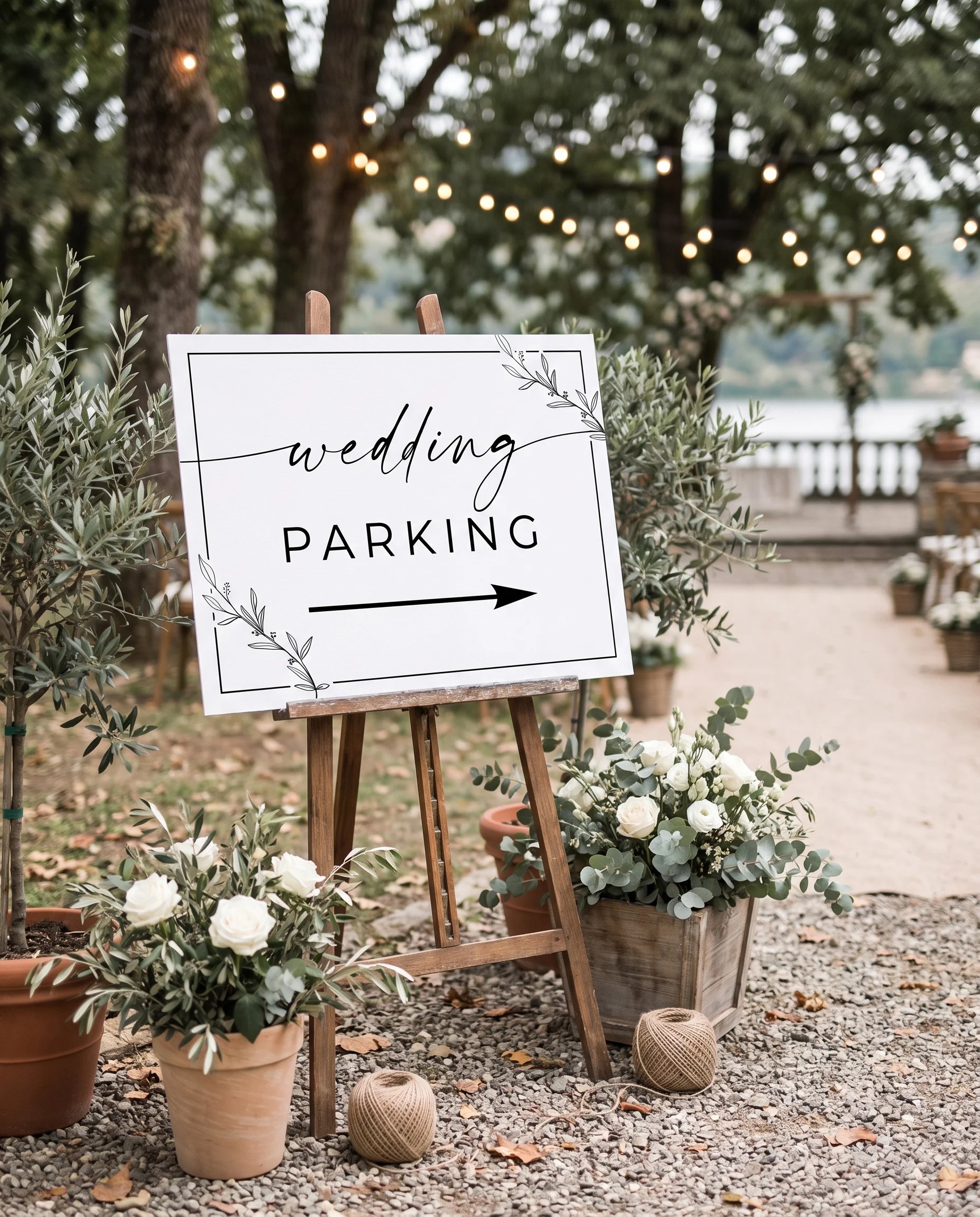 Willow Script wedding parking sign — shown at a venue entrance under soft natural light with a slight overhead angle, wedding signs.