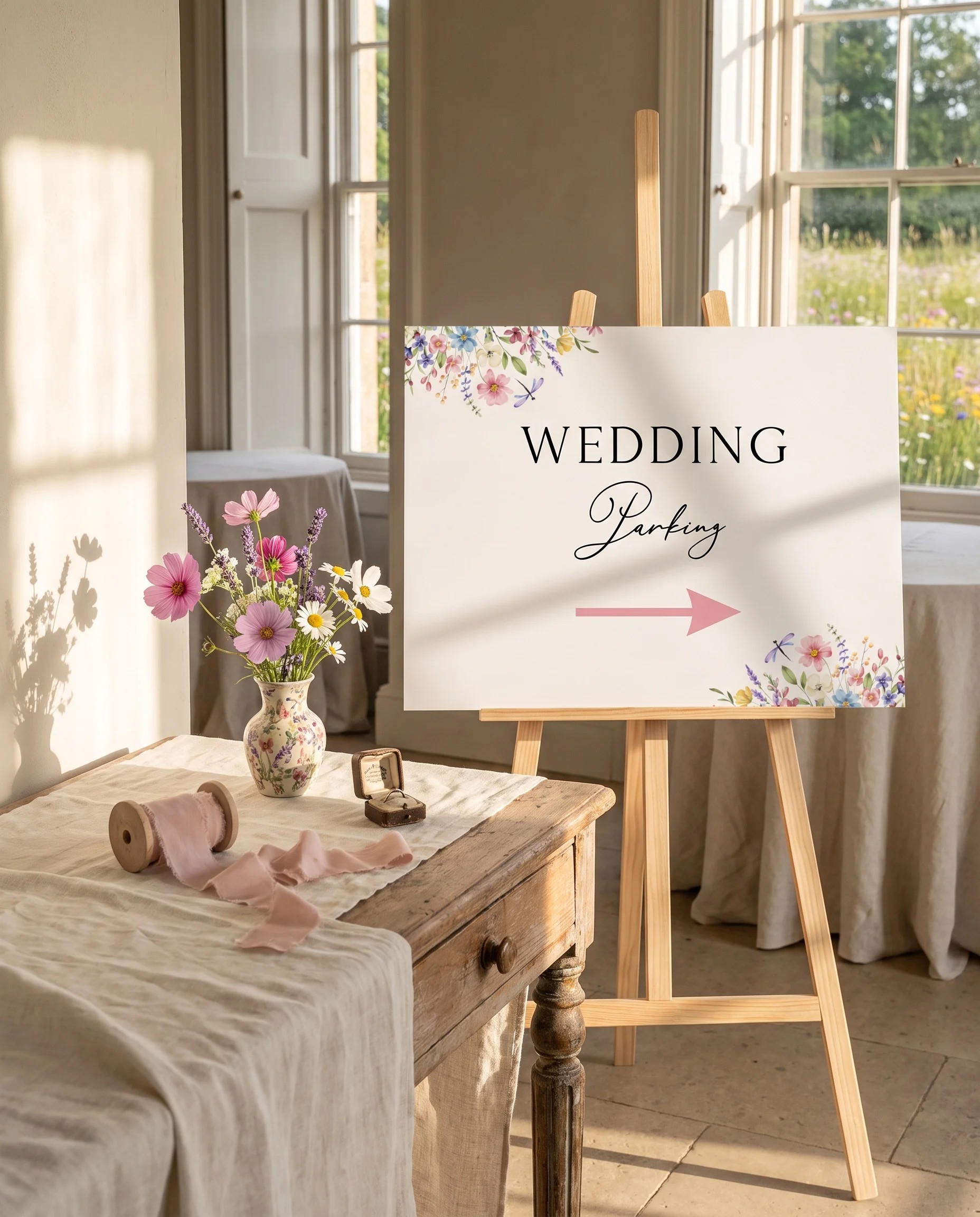 Meadowlark wedding parking sign — shown beside furniture for scale under soft natural light with a slight overhead angle, wedding signage