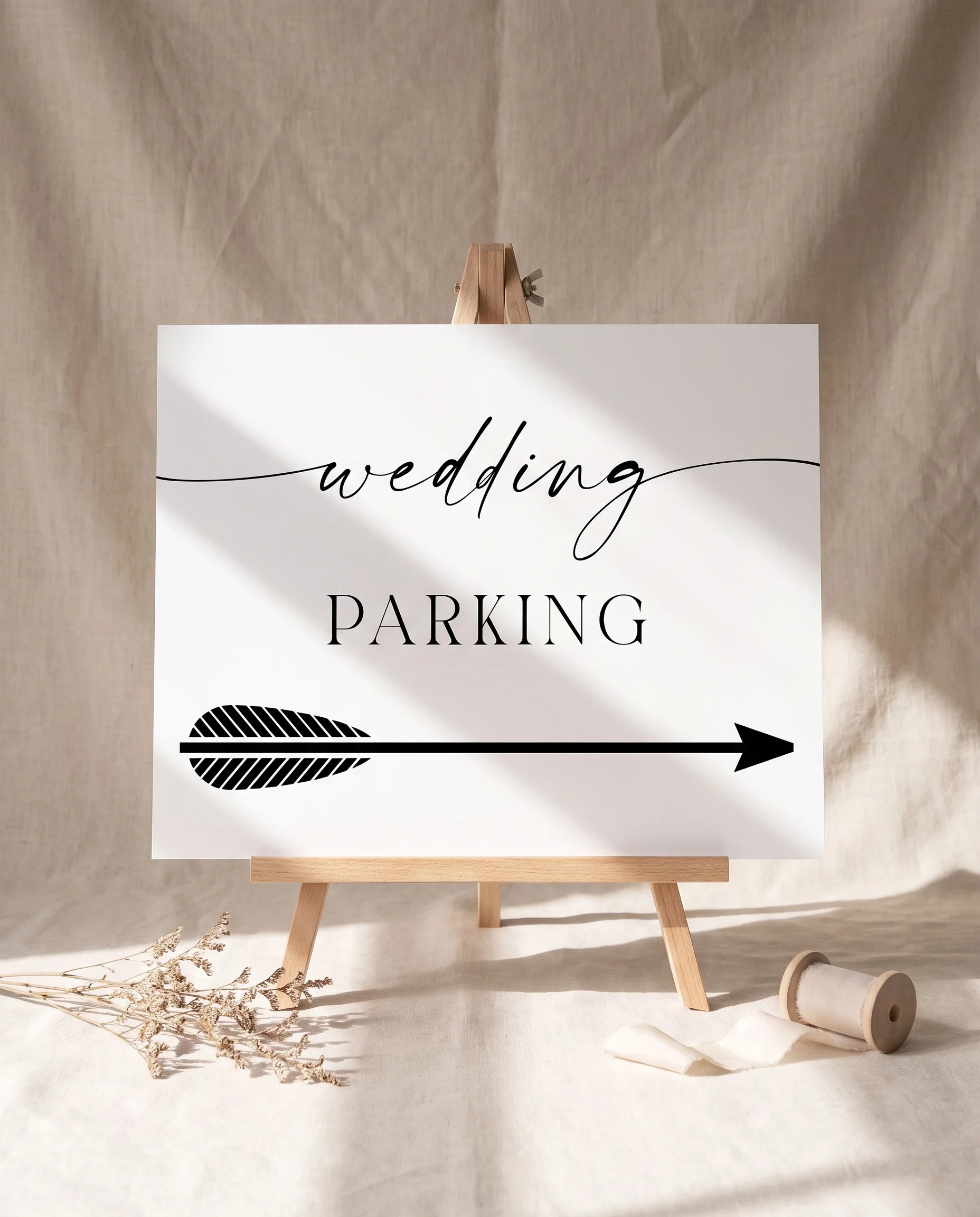 Charline wedding parking sign — displayed on an easel under soft natural light with a slight overhead angle, wedding parking signs