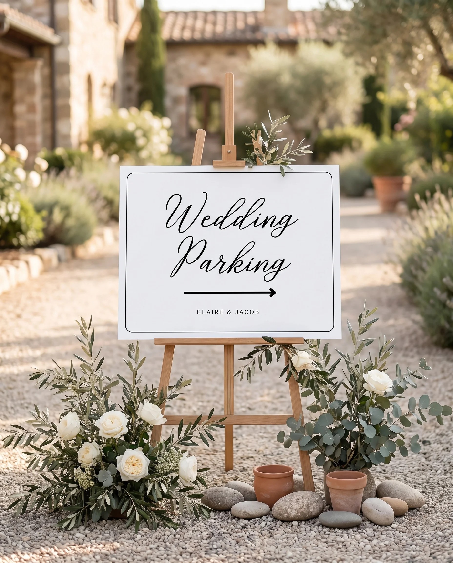 Lyris wedding parking sign — shown at a venue entrance under soft natural light with a slight overhead angle, wedding signs