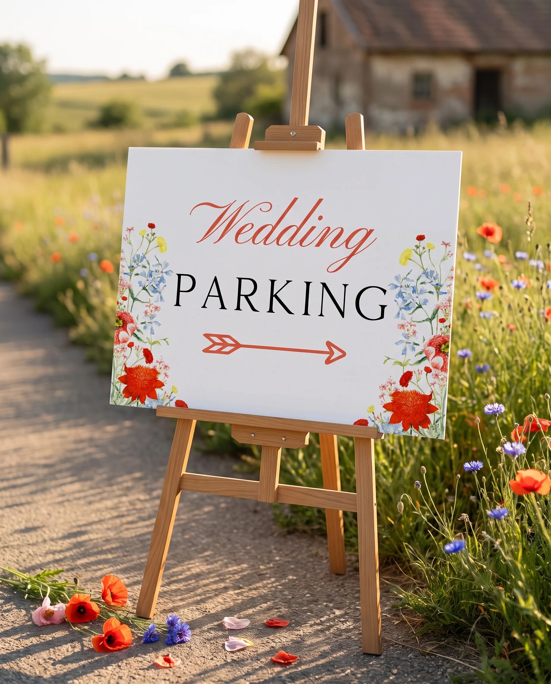 Poppy Meridian wedding parking sign — displayed at a venue entrance under soft natural light with a slight overhead angle, wedding signs.