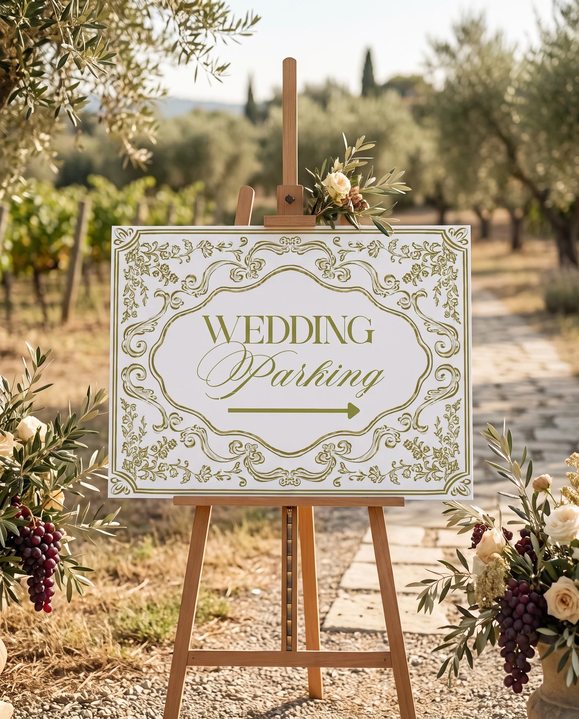 Olive Baroque wedding parking sign — displayed at a venue entrance under soft natural light, slight overhead angle, wedding signs.