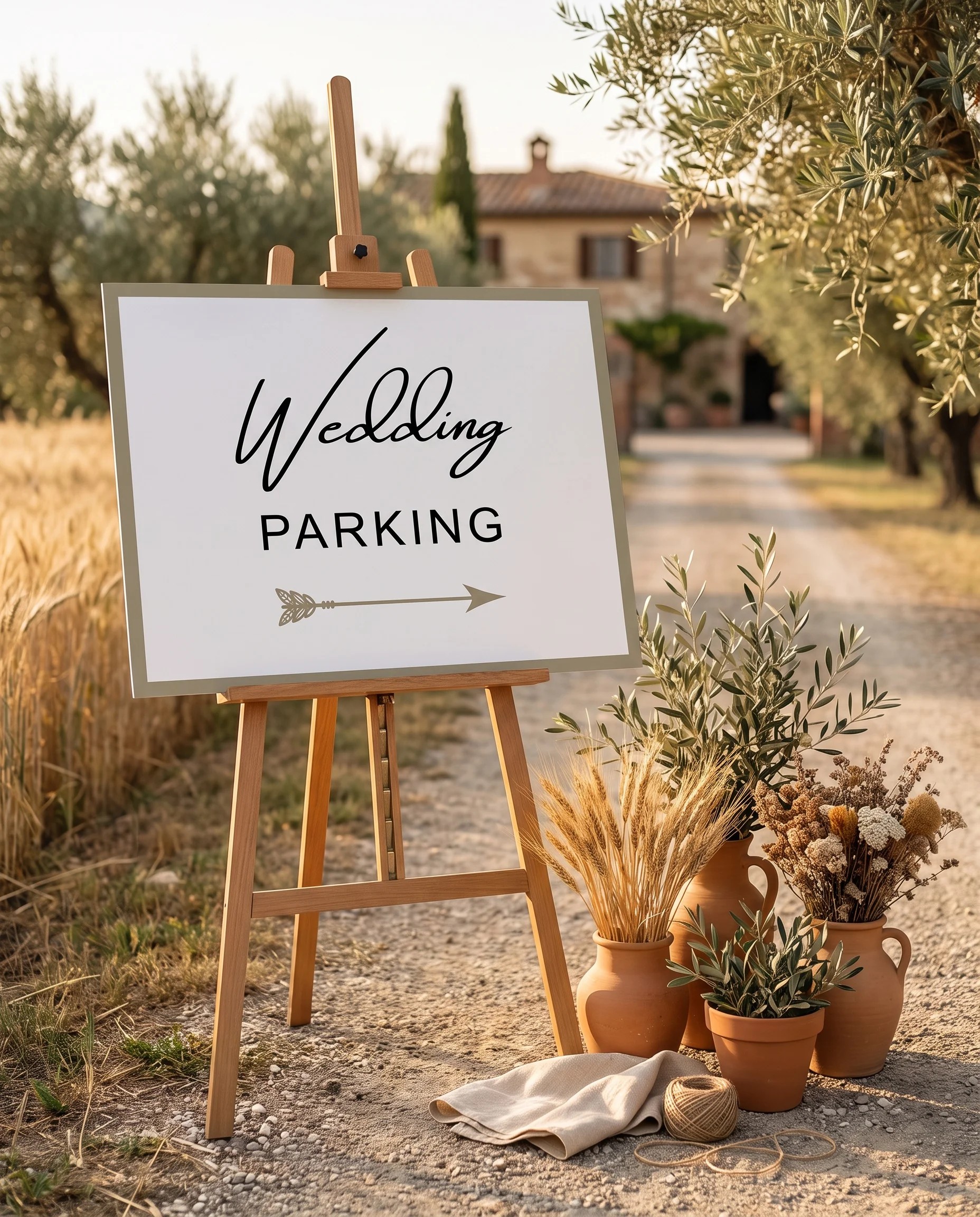 Golden Vale wedding parking sign — displayed at a venue entrance under soft natural light with a slight overhead angle, wedding signs.