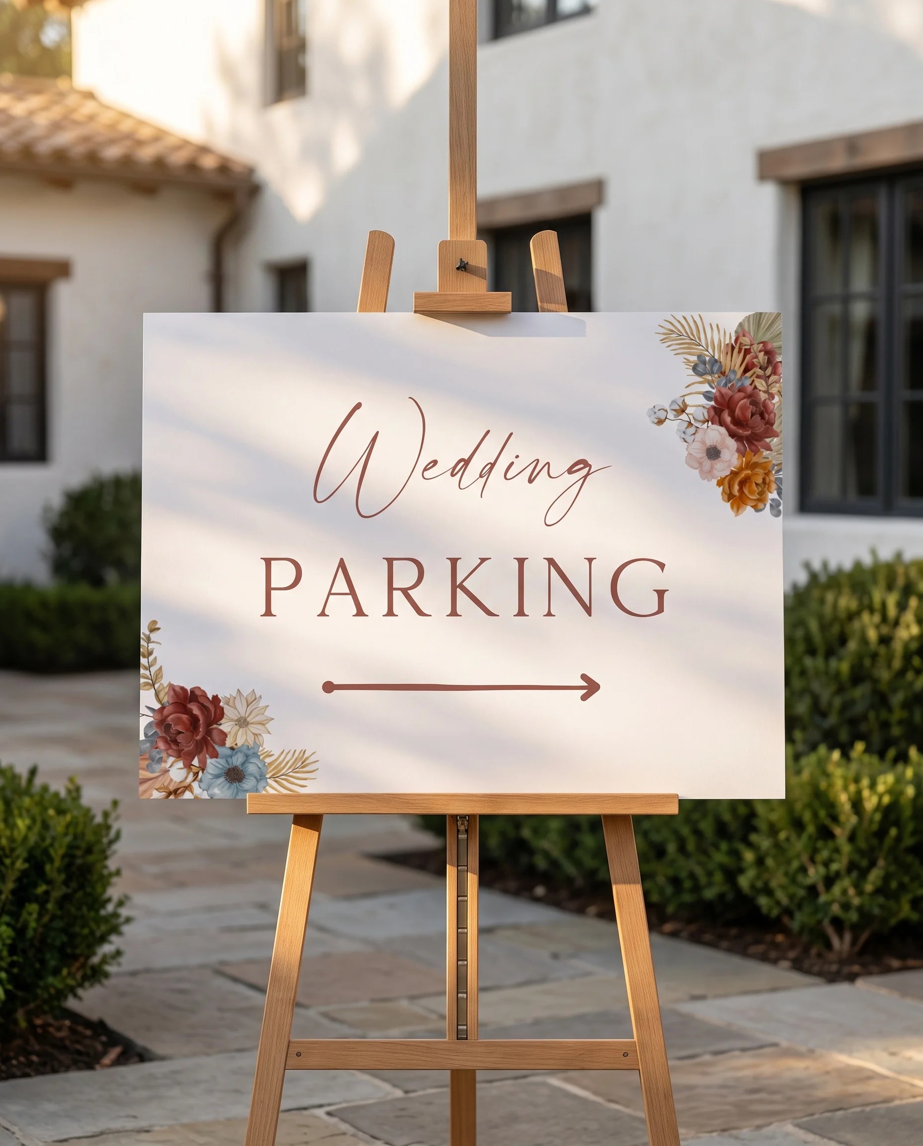 Marisol Bloom wedding parking sign — displayed on an easel under soft natural light at a slight overhead angle, wedding parking signs.