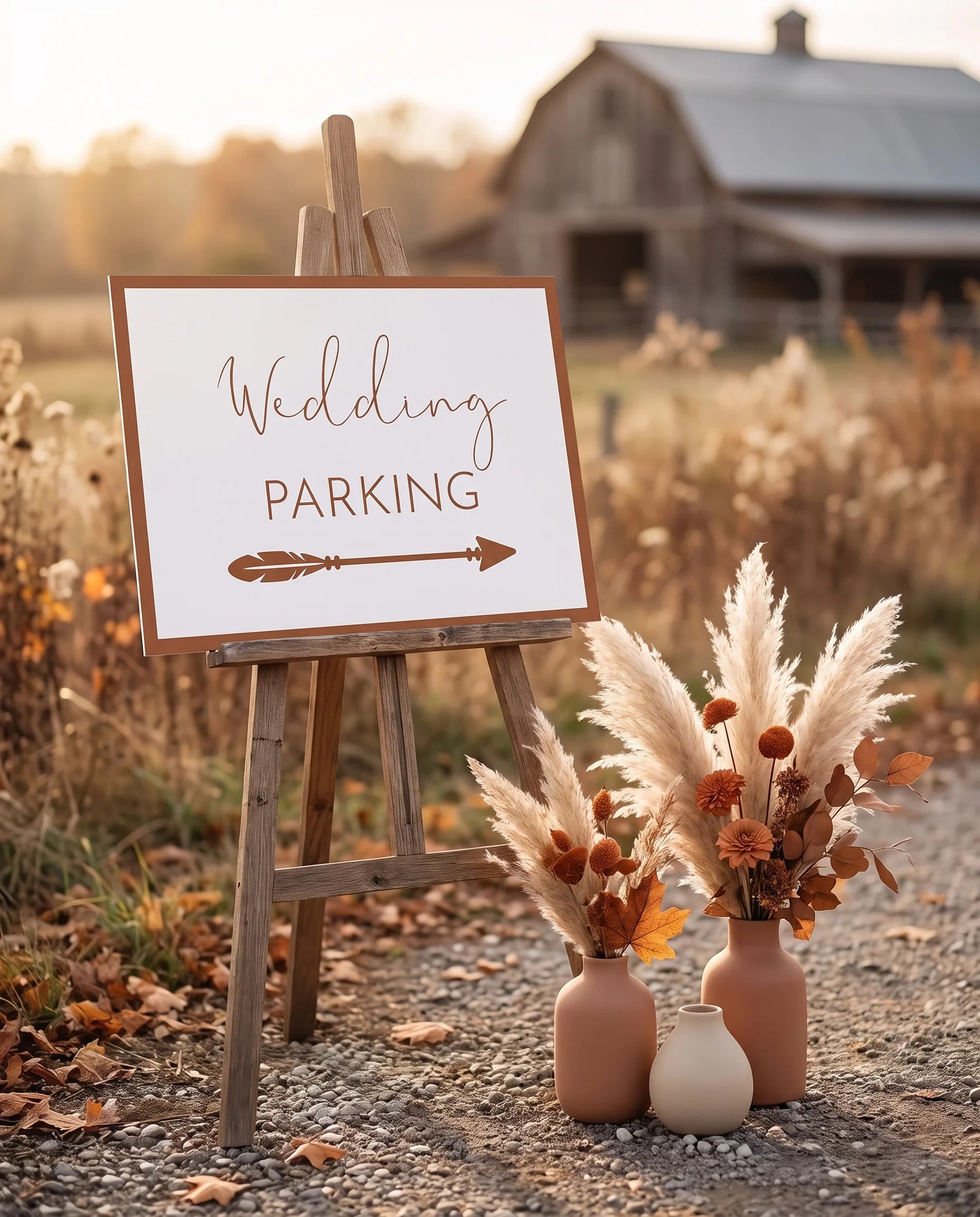 Stevens wedding parking sign — displayed at a venue entrance under soft natural light with a slight overhead angle, wedding signs