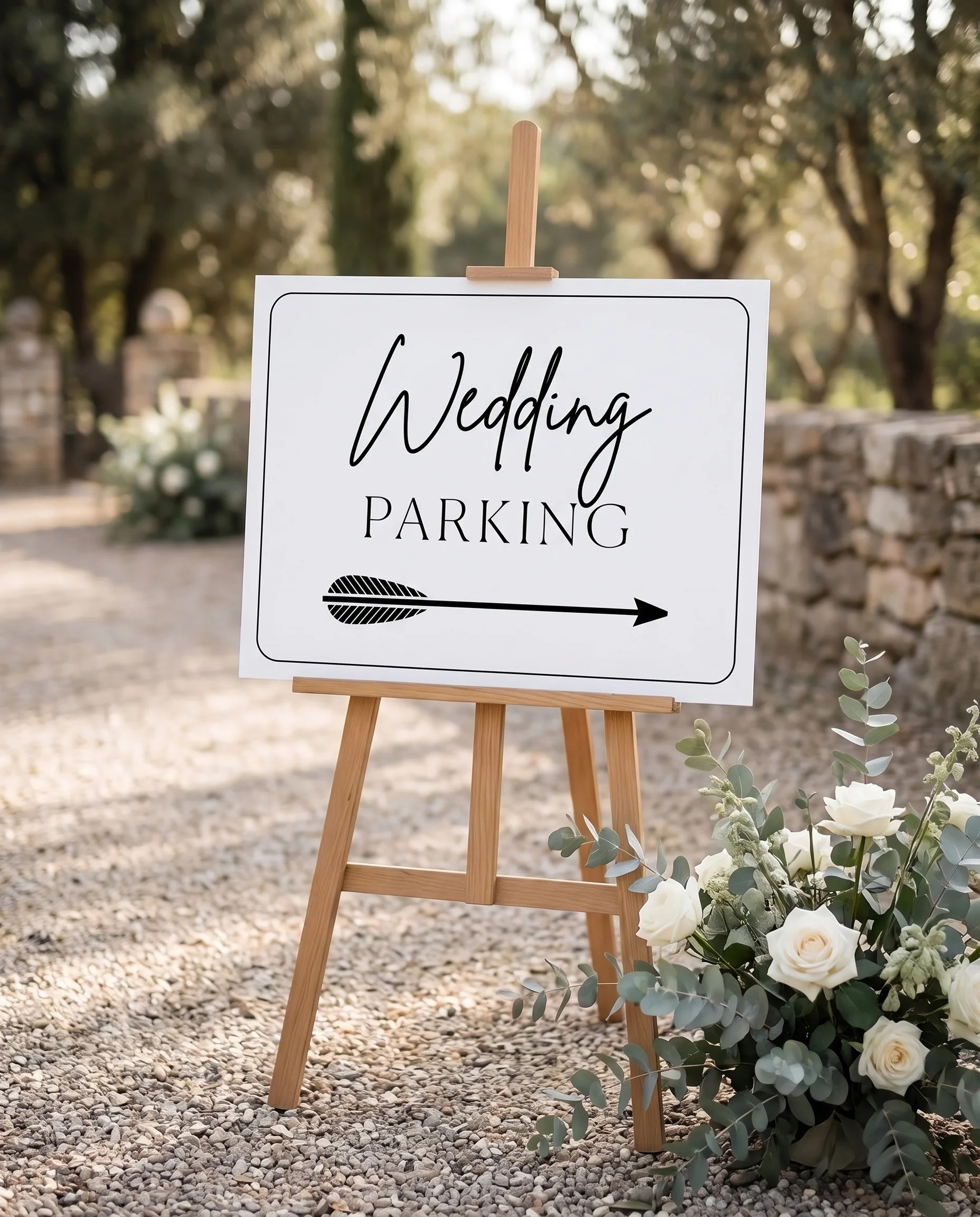 Contour wedding parking sign — displayed at a venue entrance under soft natural light with a slight overhead angle, wedding signs