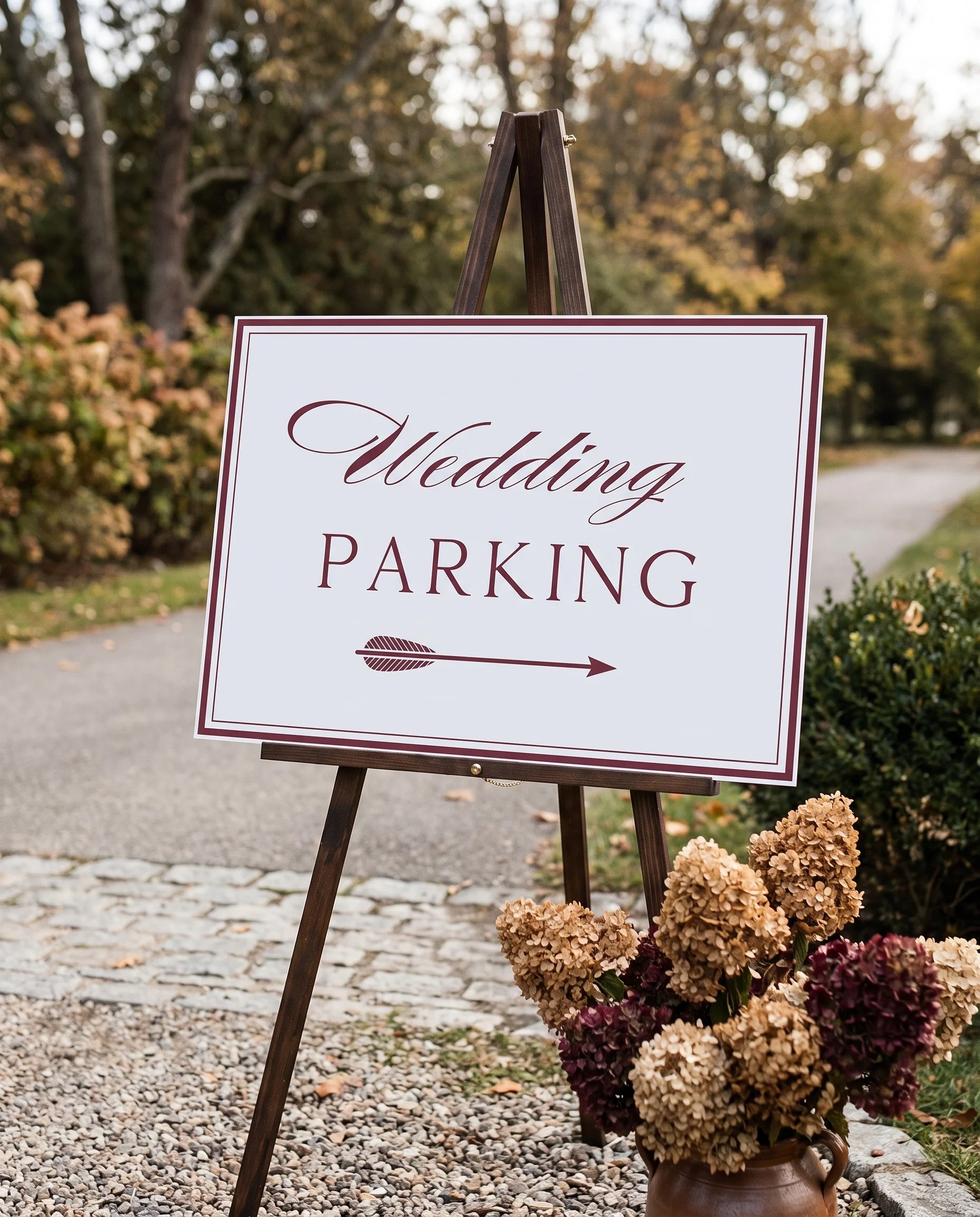 Claret Filigree wedding parking sign — displayed at a venue entrance under soft natural light with a slight overhead angle, wedding signs.