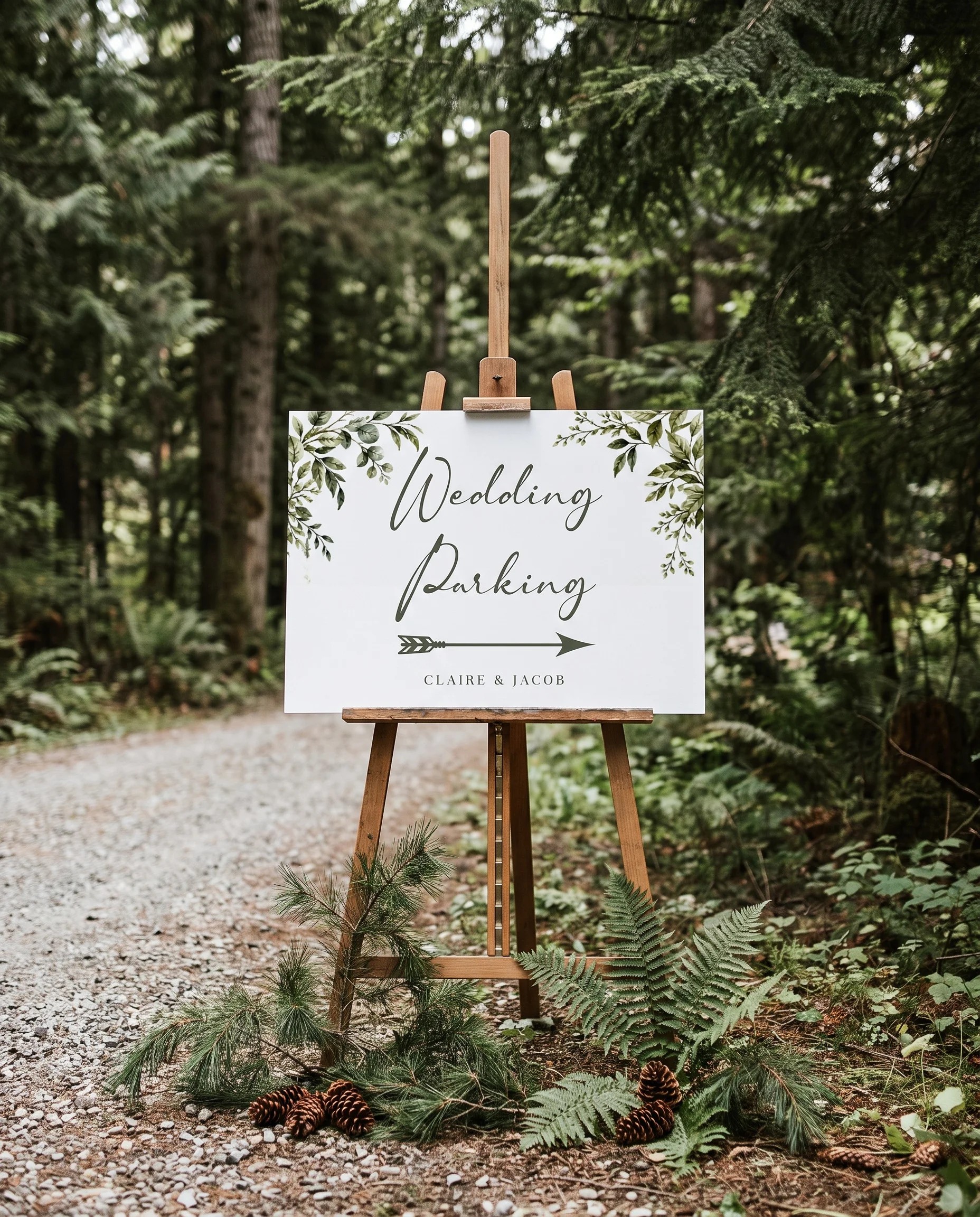 Canopy Grove wedding parking sign — displayed at a venue entrance on premium editorial paper under soft natural light, wedding signs