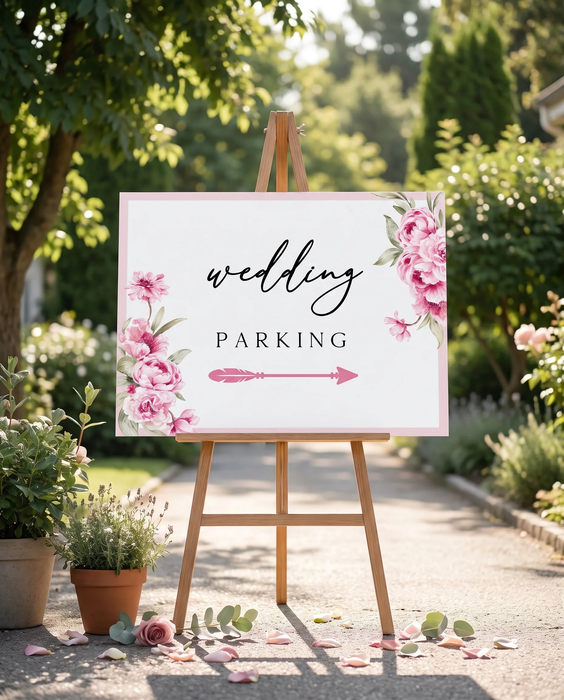 Blush Peony wedding parking sign — displayed at a venue entrance under soft natural light with a slight overhead angle, wedding signs.
