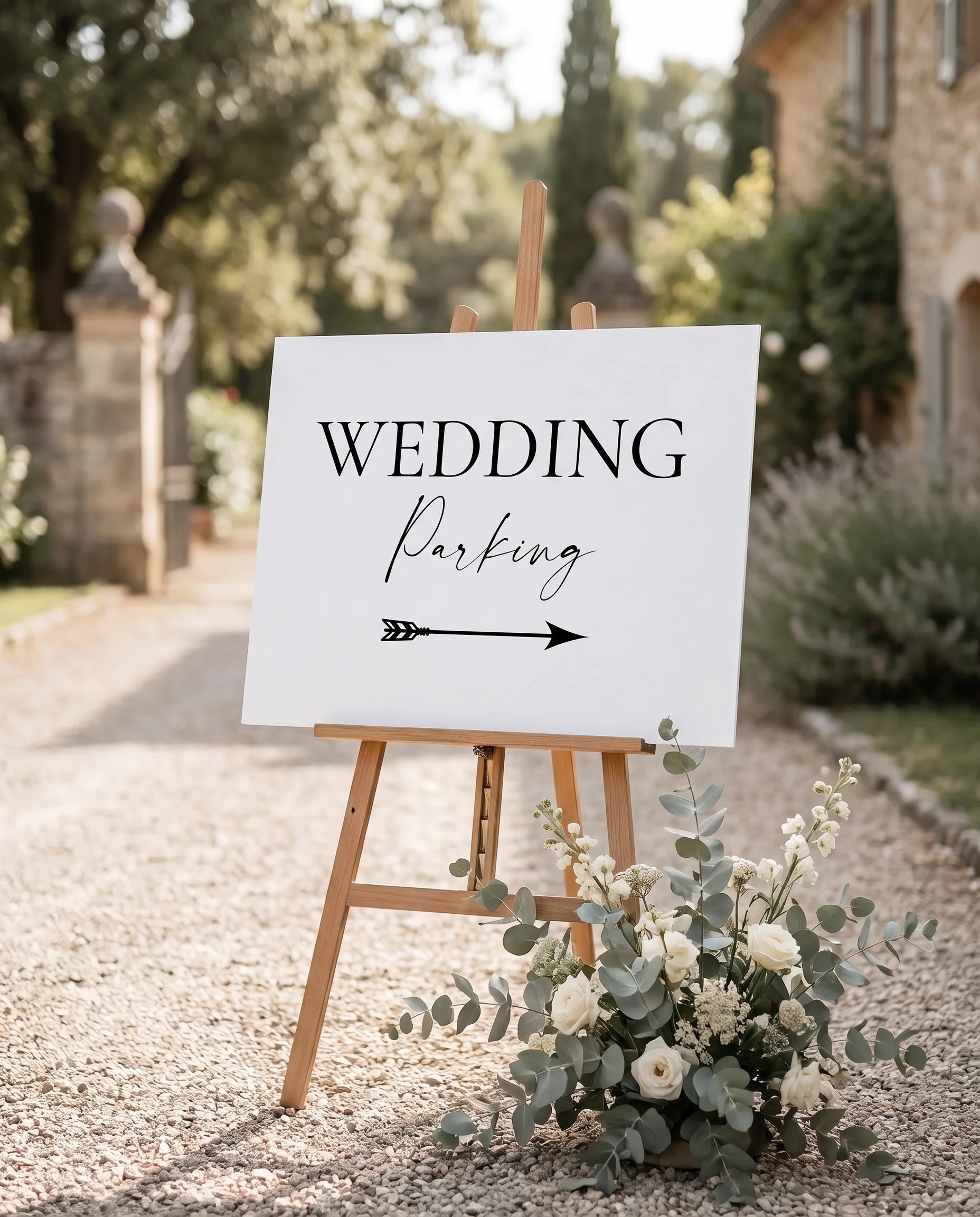 Arcadia wedding parking sign — single page shown at a venue entrance under soft natural light, wedding signs