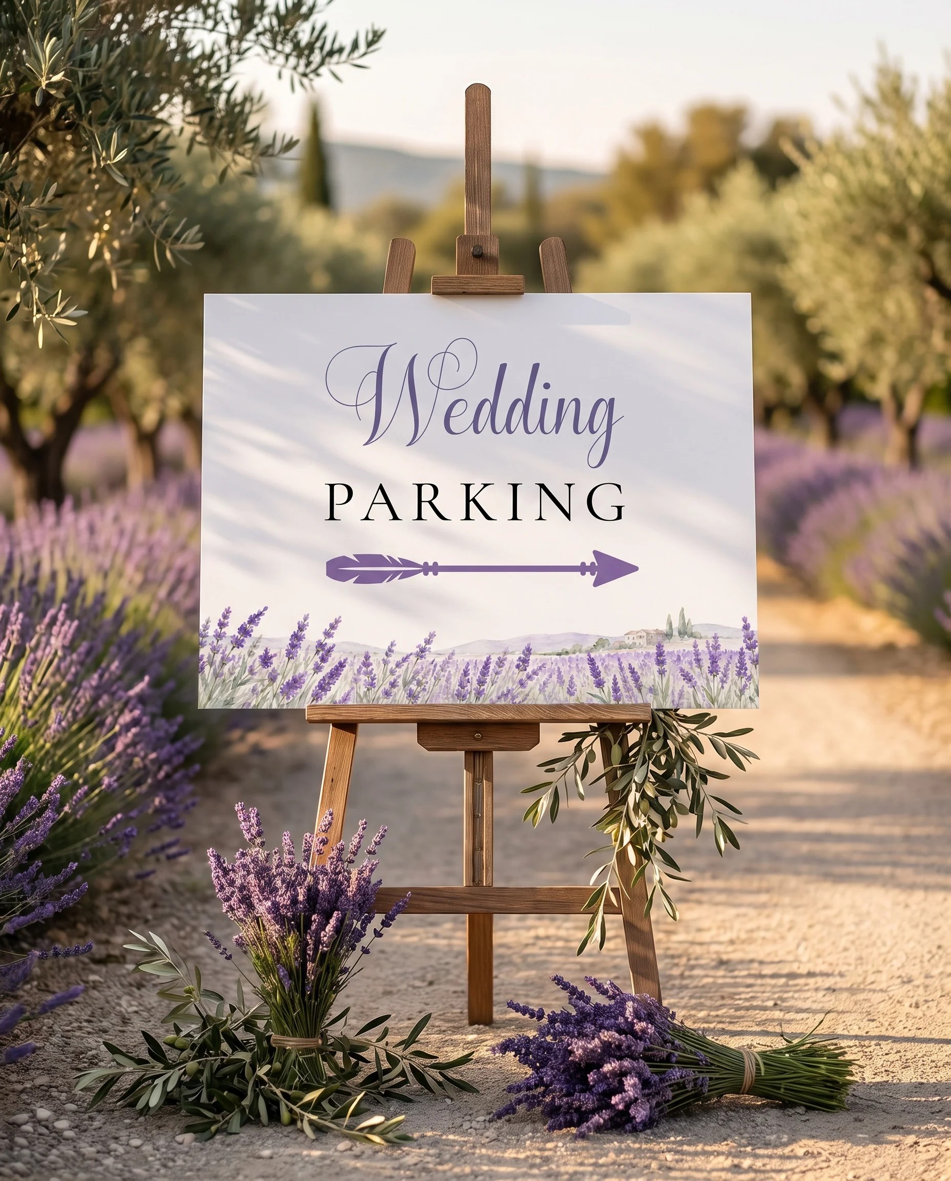 Provence Fields wedding parking sign — displayed at a venue entrance under soft natural light, wedding signs