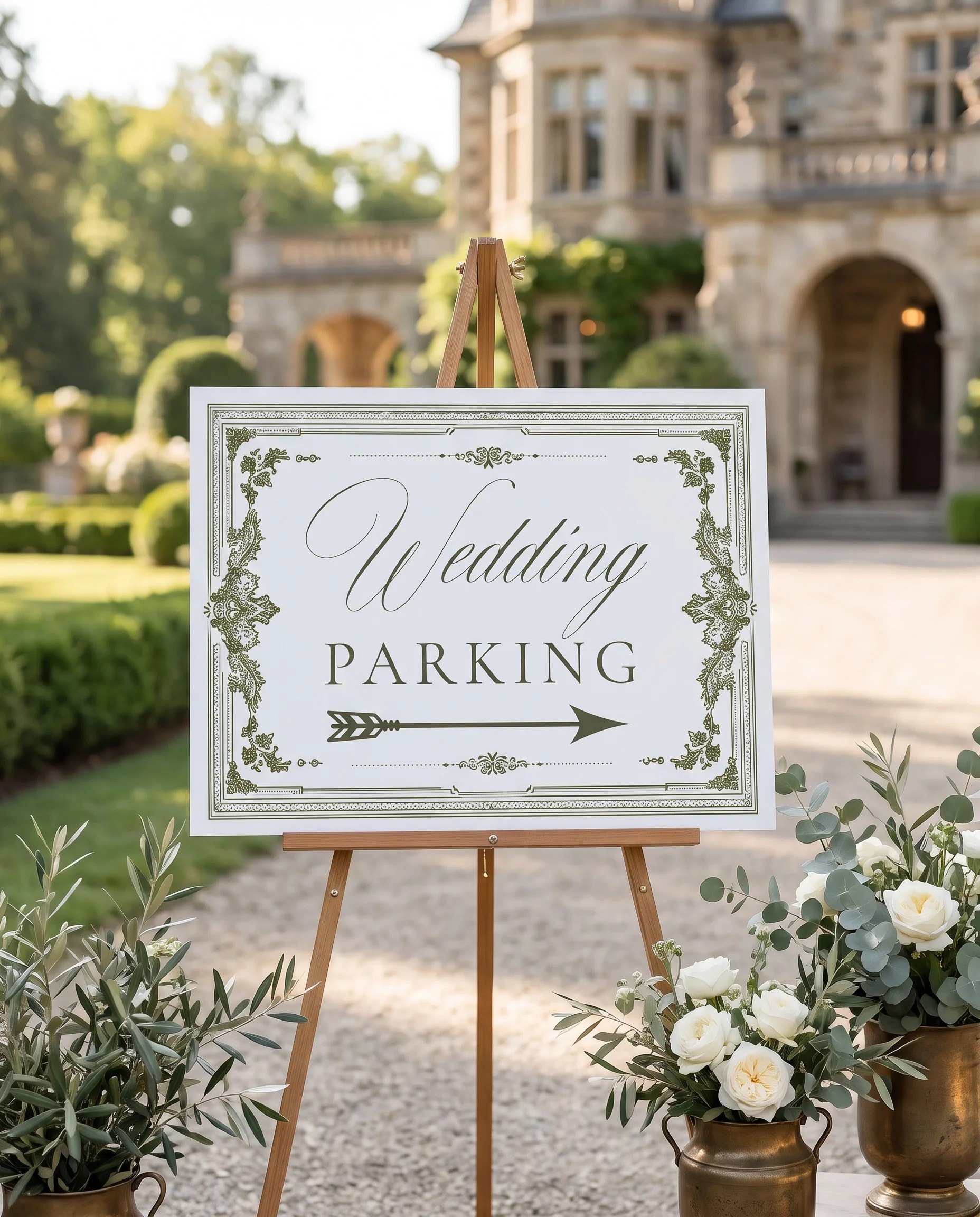 Verdant Filigree wedding parking sign — displayed at a venue entrance under soft natural light, premium editorial wedding signs.