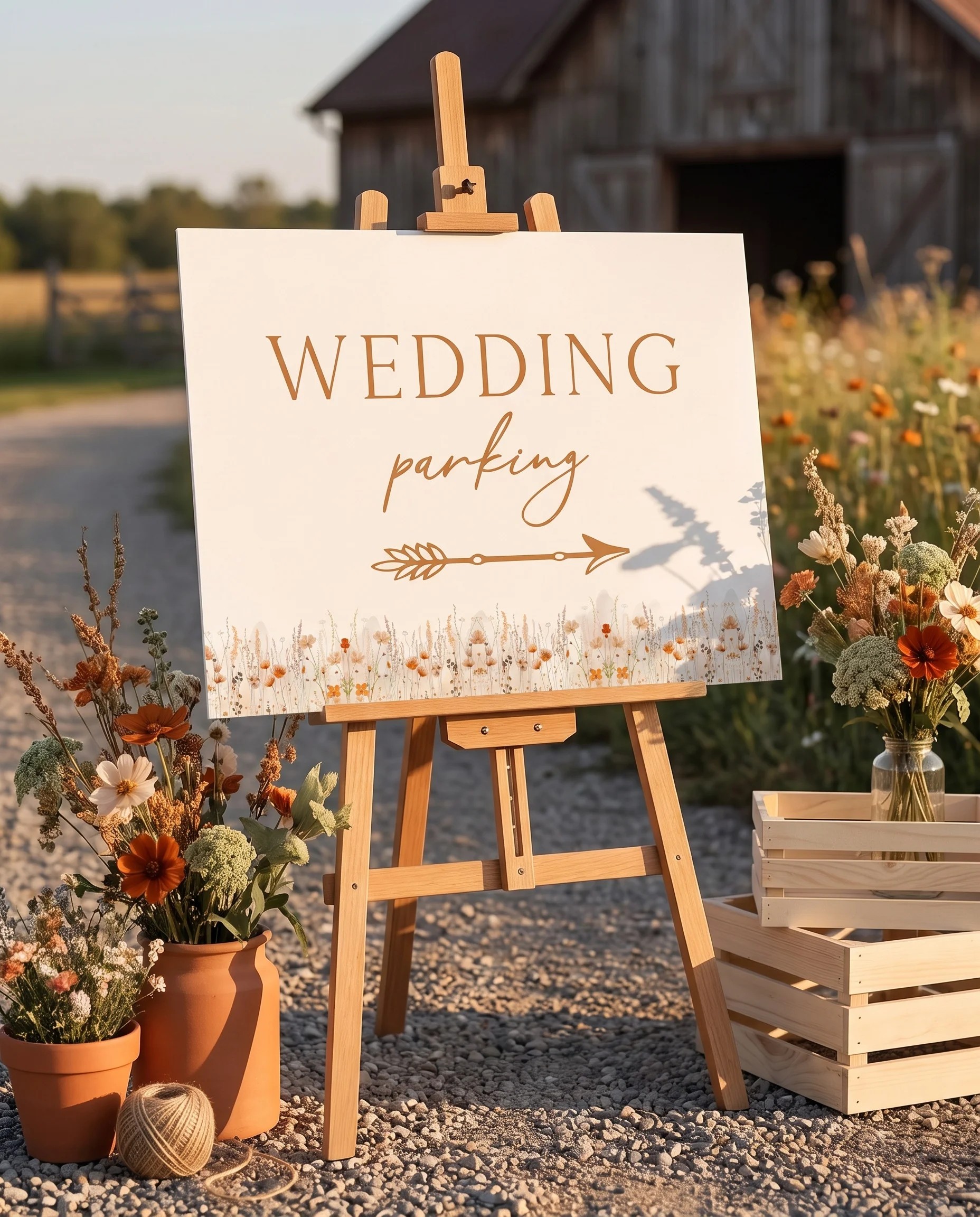 Amber Meadow wedding parking sign — shown at a venue entrance under soft natural light with a slight overhead angle, wedding signs.