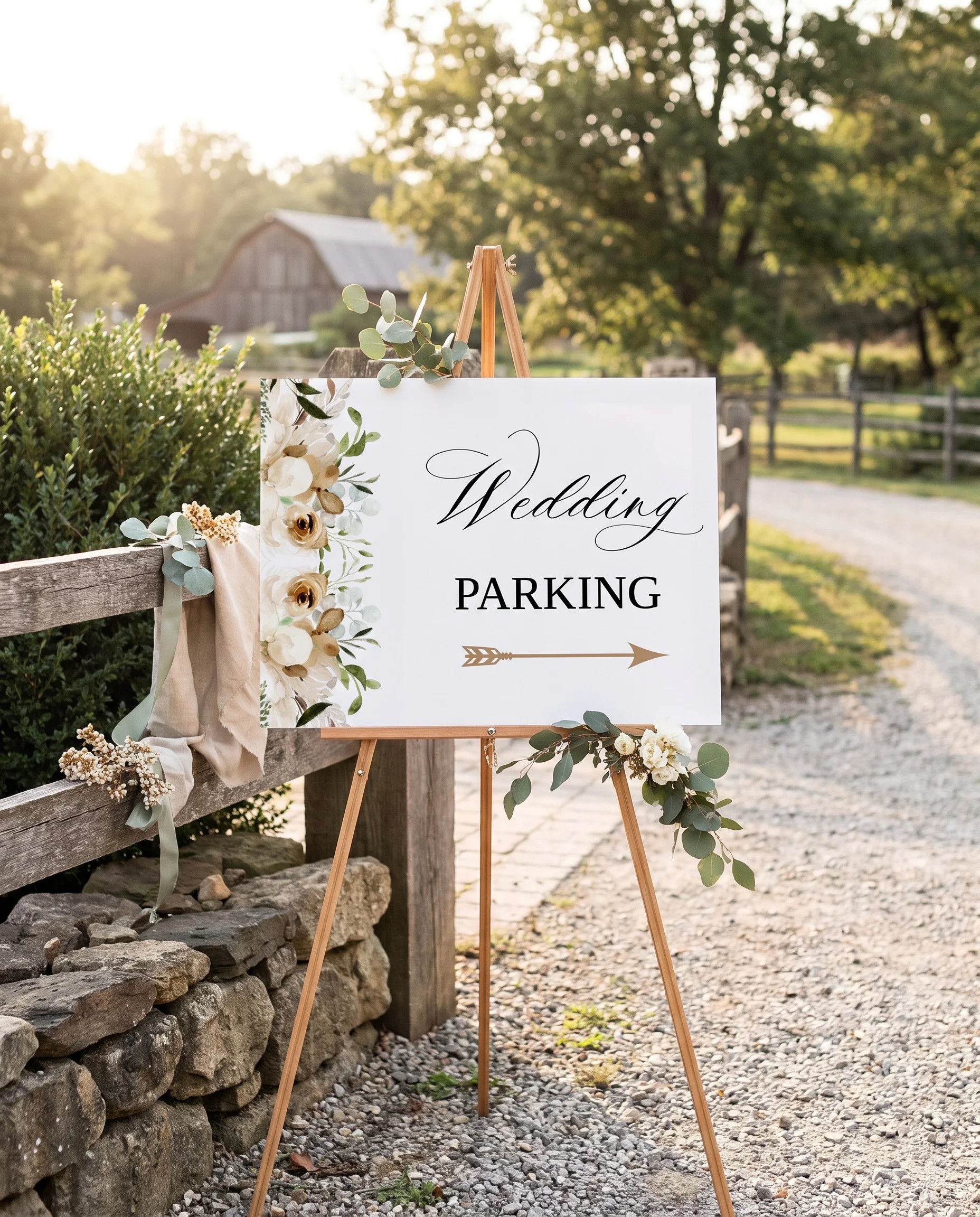 Meadow Veil wedding parking sign — displayed at a venue entrance under soft natural light, premium editorial wedding signs.