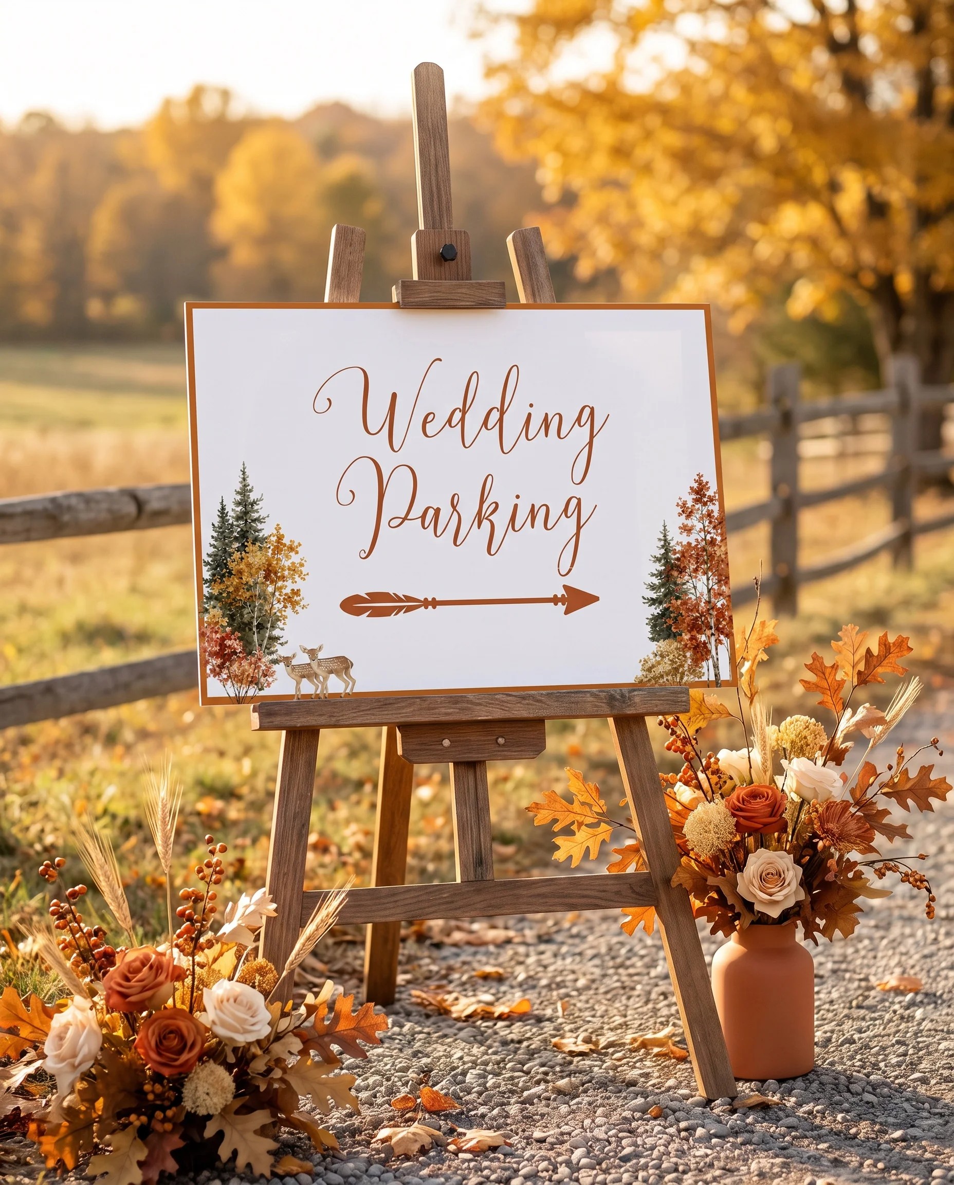 Autumn Vale wedding parking sign — shown at a venue entrance under soft natural light with a slight overhead angle, wedding signs.