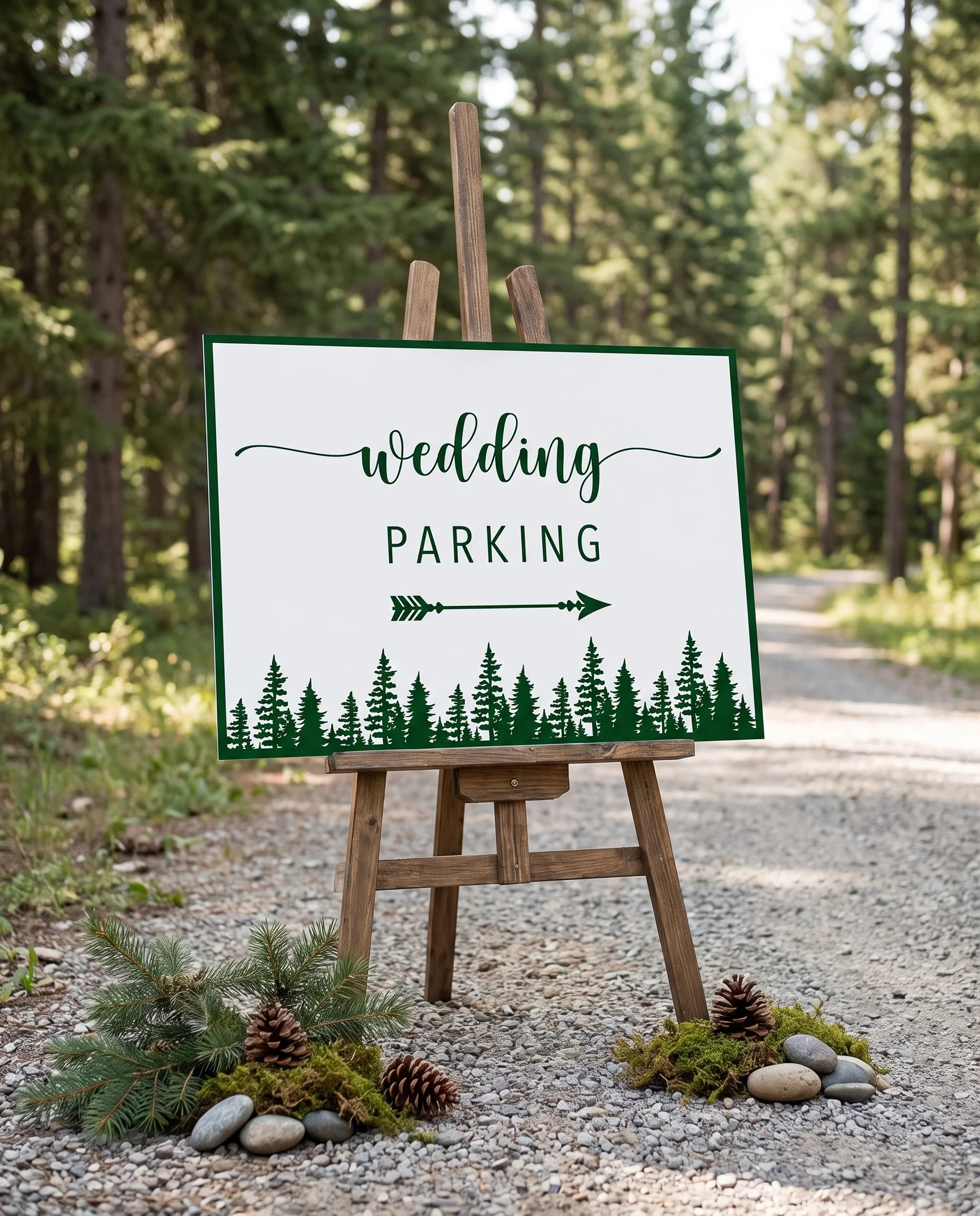 Evergreen Star wedding parking sign — shown at a venue entrance in soft natural light with a slight overhead angle, wedding signs