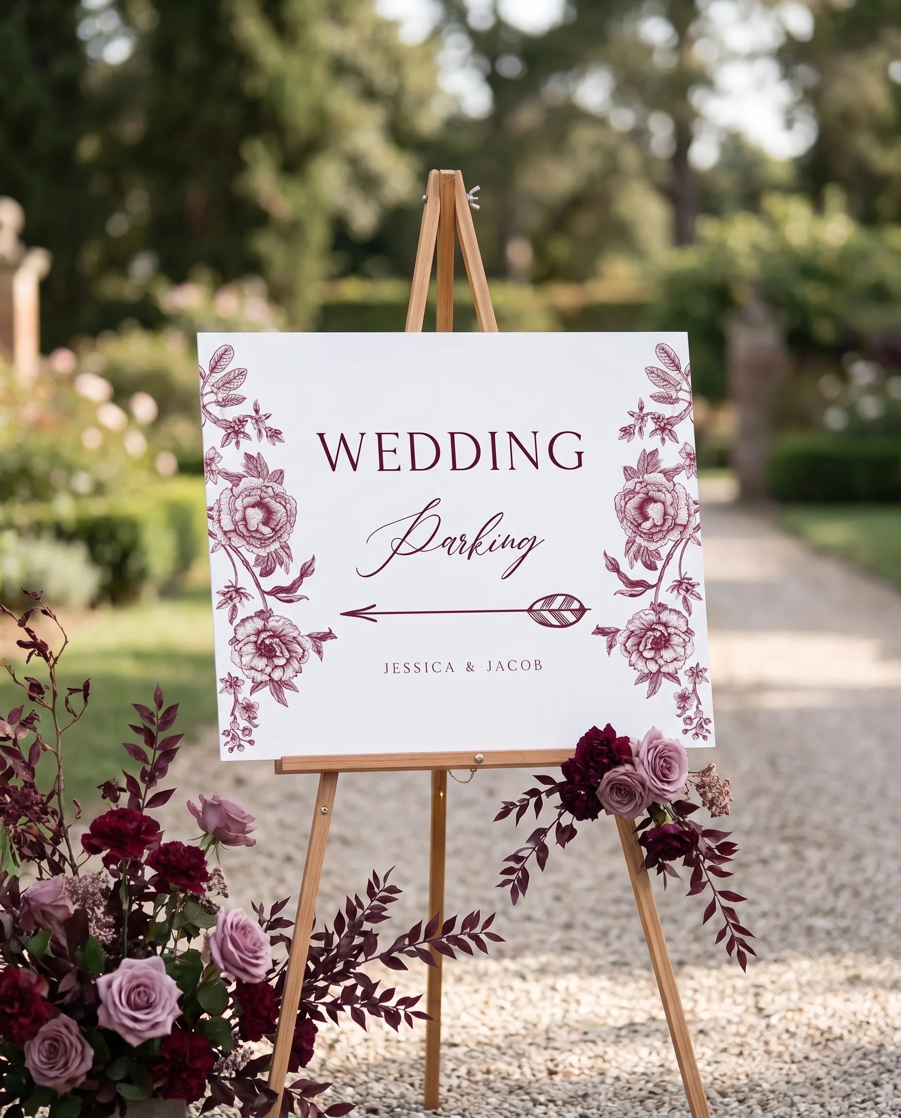 Chantilly wedding parking sign — displayed at a venue entrance under soft natural light with a slight overhead angle, wedding signs.
