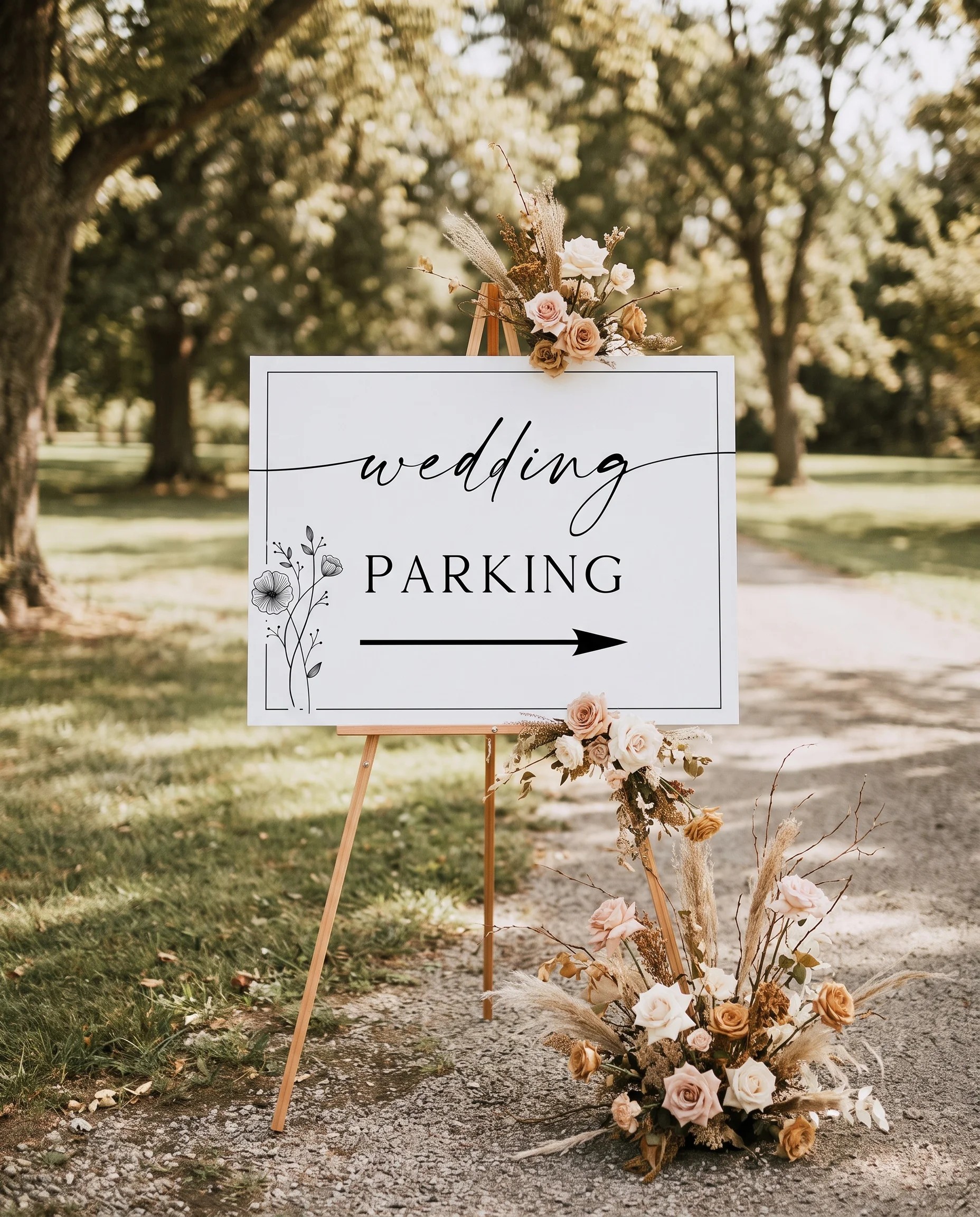 Hush Bloom wedding parking sign — shown at a venue entrance under soft natural light with a slight overhead angle, wedding signs.