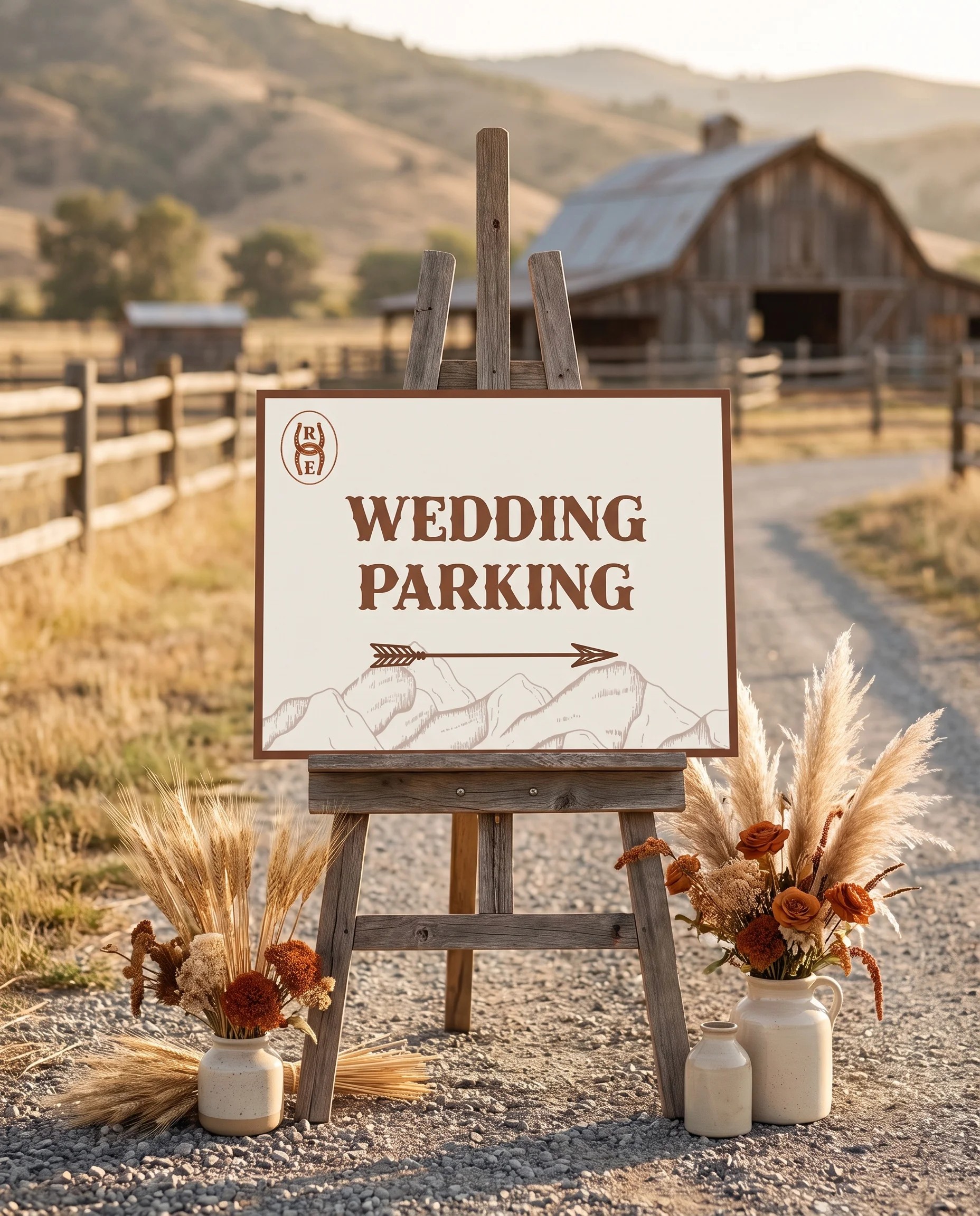 Saddle Crest wedding parking sign — displayed at a venue entrance under soft natural light with a slight overhead angle, wedding signs