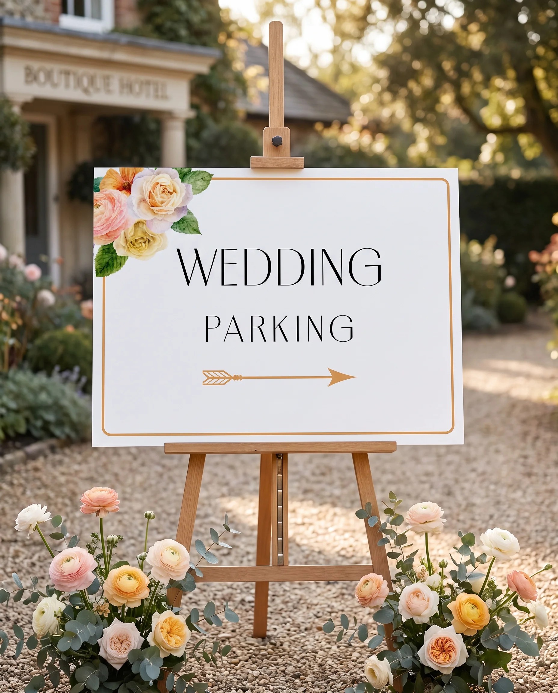 Petal Glade wedding parking sign — displayed at a venue entrance under soft natural light with a slight overhead angle, wedding signs