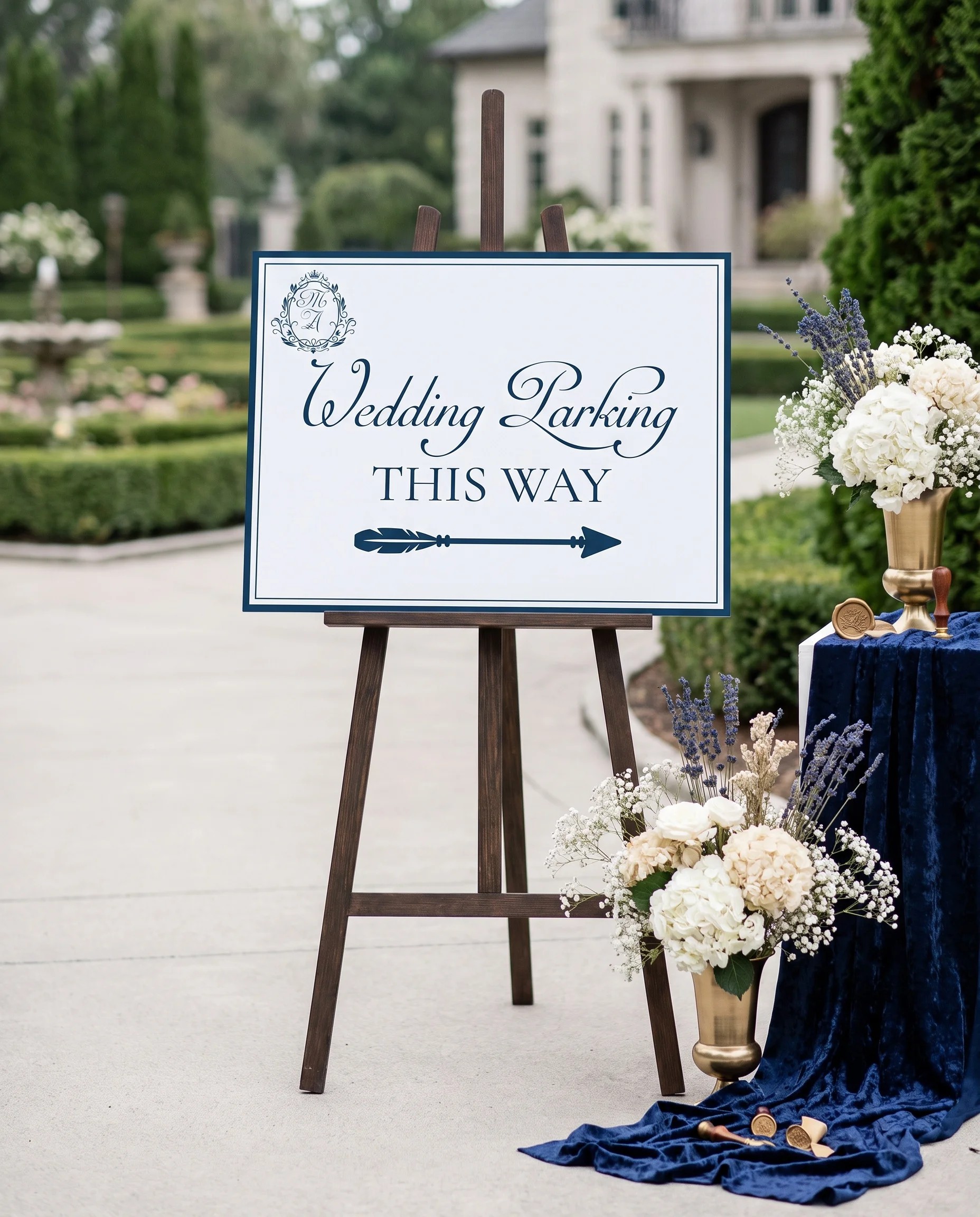 Windsor Crown wedding parking sign — displayed at a venue entrance under soft natural light with a slight overhead angle, wedding signs