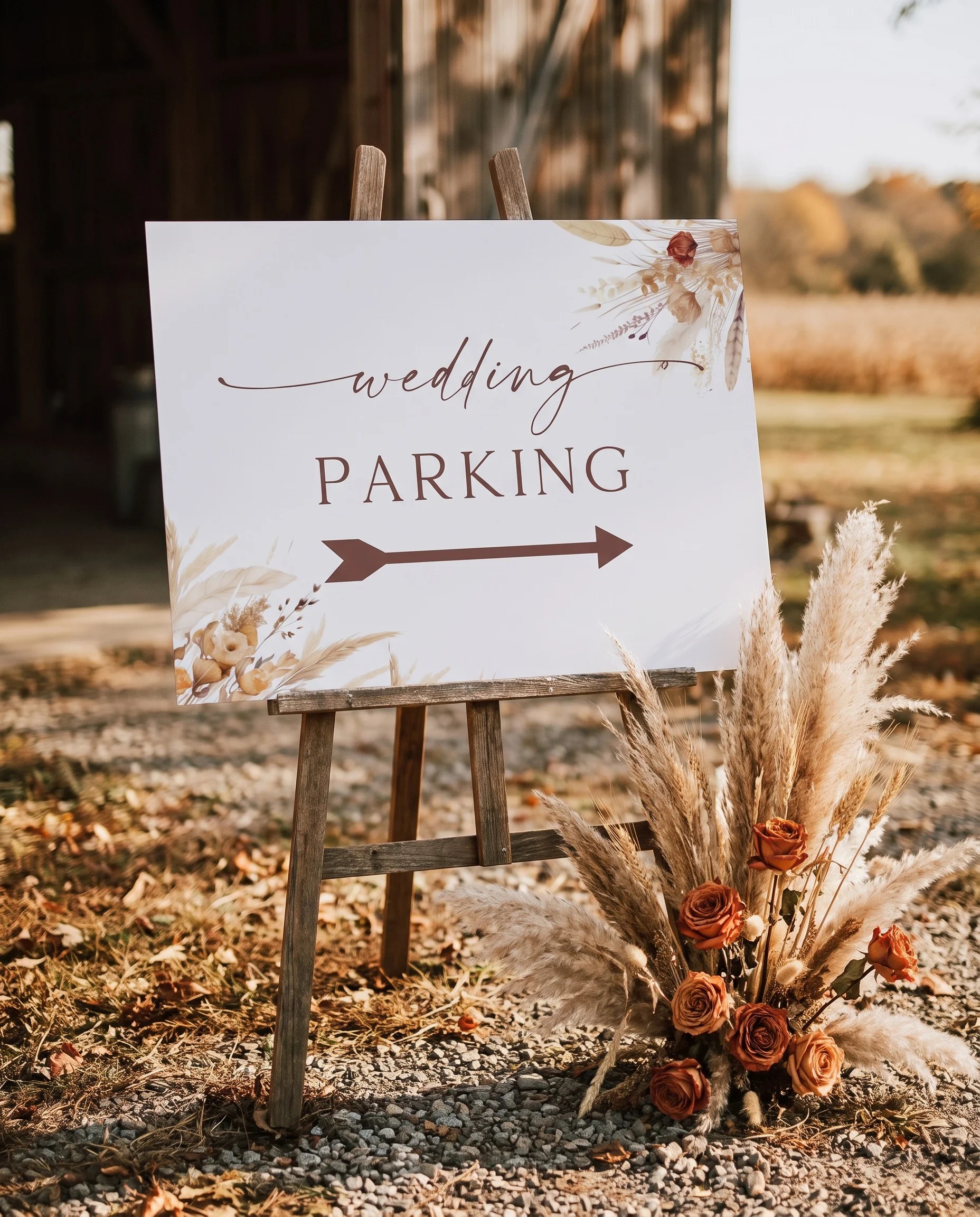Harvest Script wedding parking sign — displayed at a venue entrance under soft natural light with a slight overhead angle, wedding signs.