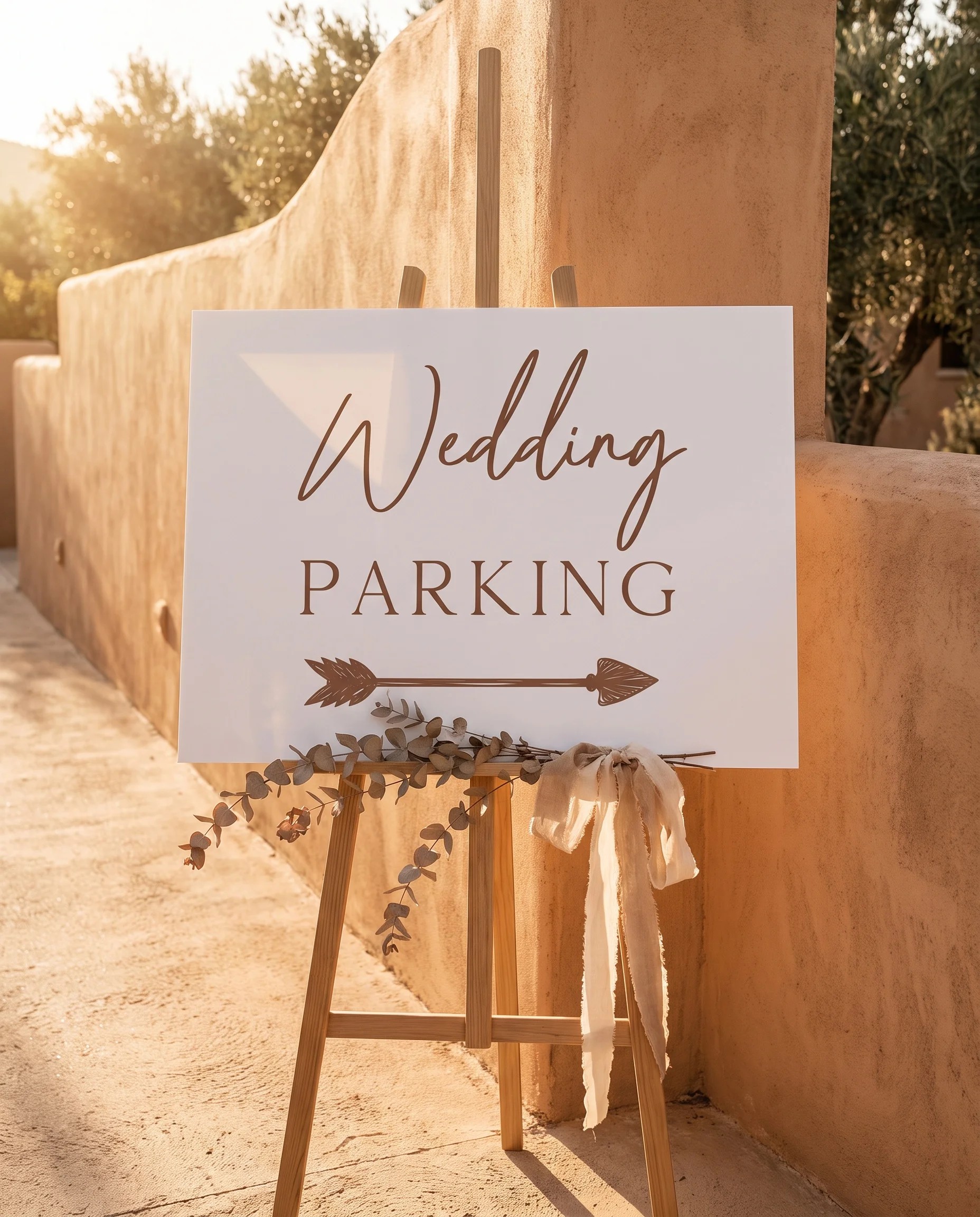 Briar Script wedding parking sign — single page shown at a venue entrance under soft natural light, wedding signs.